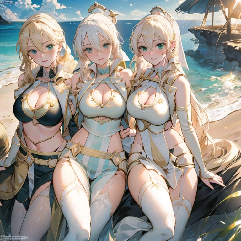 Three beautiful fair-skinned women in bikinis pose for a group photo on the beach, seductive anime girls, beautiful and seductive anime woman, Guviz-style artwork, Perfect white haired girl, Guviz, Beautiful anime girl, ross tran. scenery background, in beach, Beautiful anime woman, trending on artstation pixiv, Extremely detailed Artgerm, Beautiful anime beauty，Extra-large big breasts，Blush，Perfect body slim curves，8K romantic art photos，