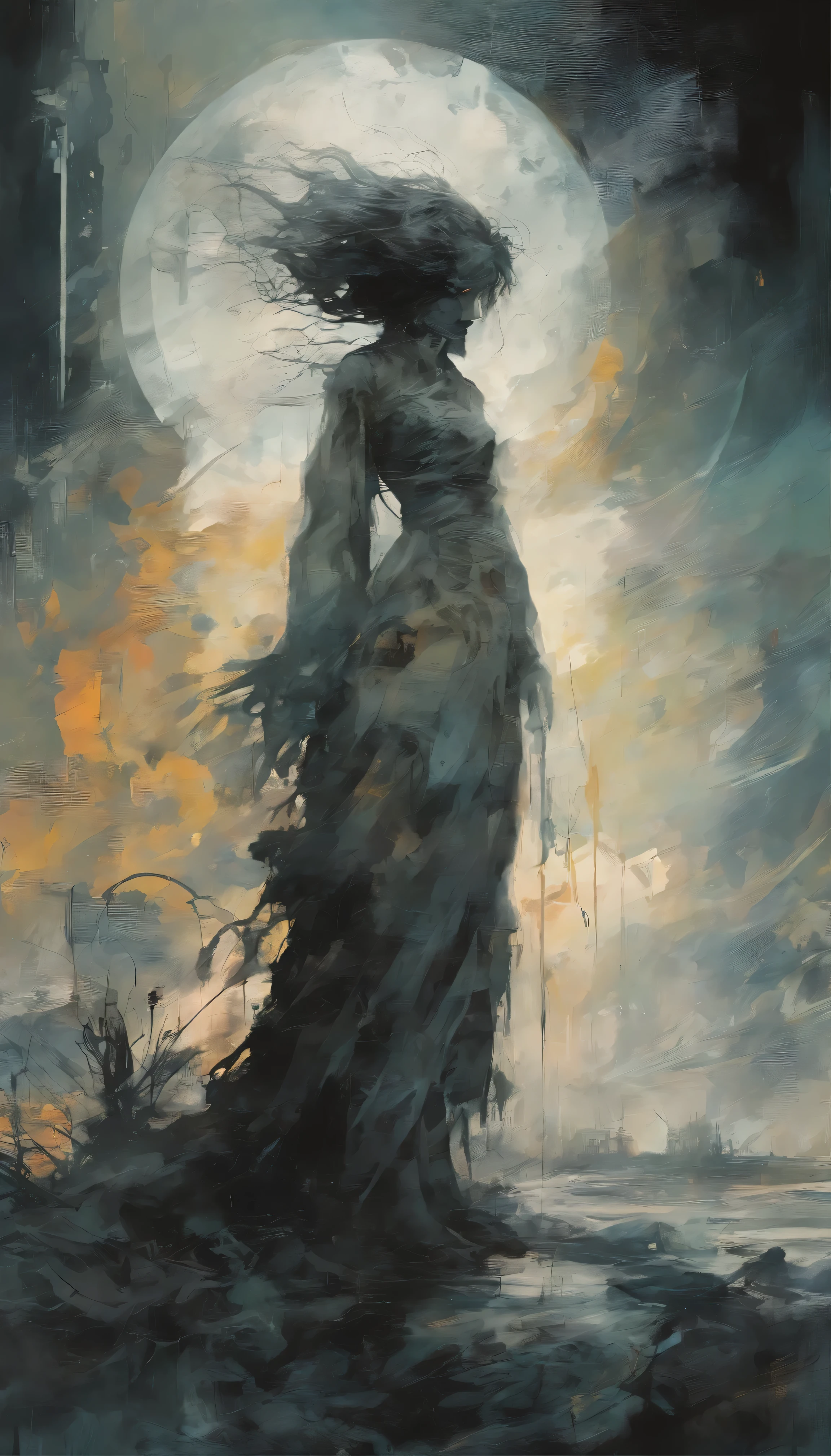 A girl with a half skeleton body. Knotting. Moody lighting. In the style of Adrian Ghenie, surrealism, Takato Yamamoto, Tim Burton. Anime girl. Guweiz. Pixiv.