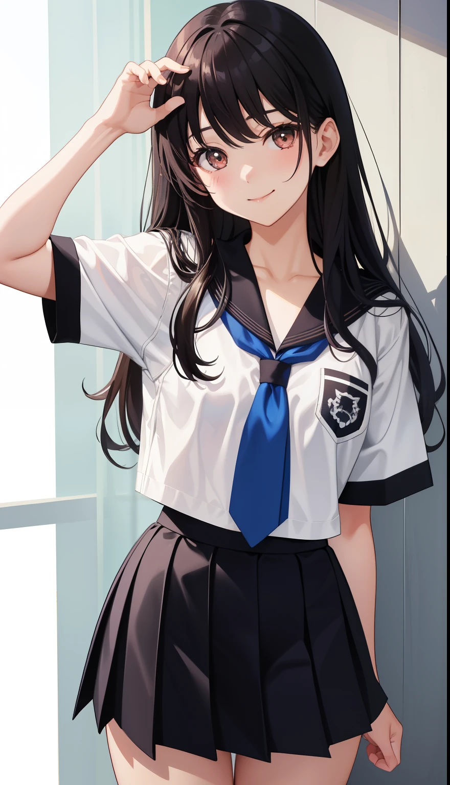 1girl in、AS-Adult、A smile、（Tsundere）、The shirt、skirt by the、（small tits）Chilarism、Japan High School Student Uniform、serafuku、summer clothing、（Sheer Bra）、Upper body portrait、