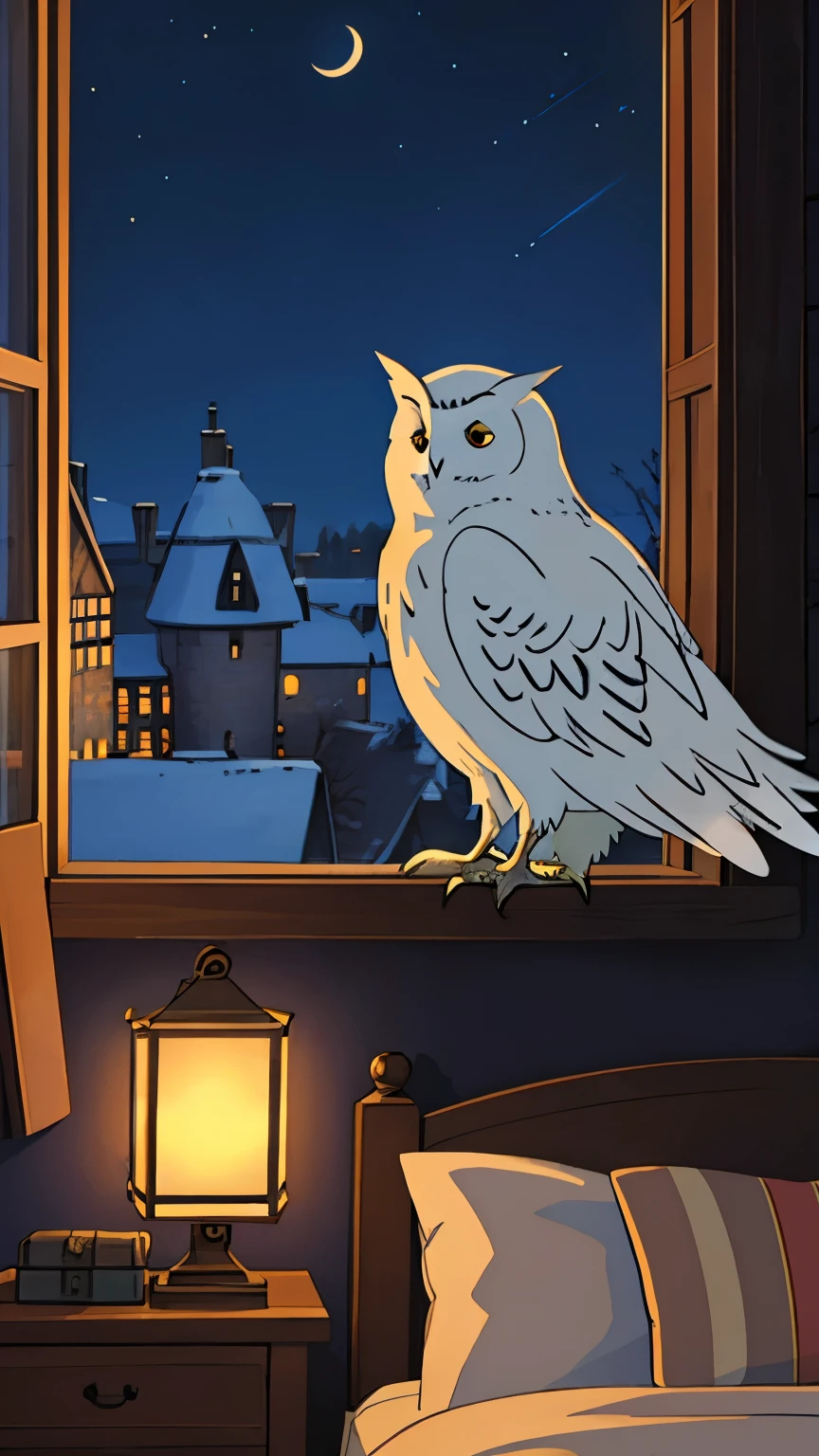 A white snowy owl with outstretched wings stands on Harry Potter&#39;s windowsill，windowsill of old house，《Harry Potter and the Philosopher's Stone》，Hogwarts Snowy Owl with open wings，Window of No. 4 Privet Drive，Hedwig spreading her wings，Snowy owl with open wings，British building roofs outside the window，夏天night，night，night