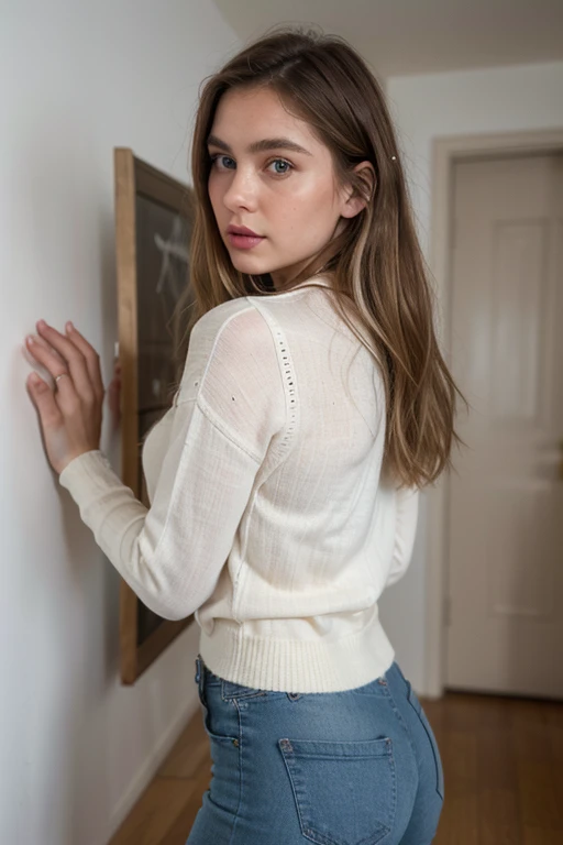Aida Baiardi) (hyper realistic) (8k photography) natural beauty, dark blonde hairs, medium hairs, (perfect face) blue big eyes, upturned nose, full lips, slim and athletic,
Girl inside an apartment with white walls, facing away, dark blonde hair visible, dressed in jeans and a sweater,