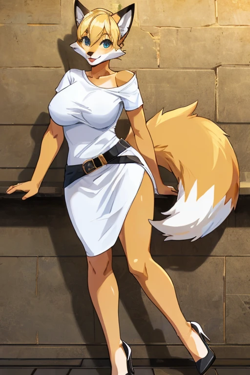 fox, anthropomorphic, big boobs, big ass, pokemorph, (((1girl))), (((white short sleeve shoulderless dress))), (black belt), (white heels), full body, cute and sexy, blonde fur, (black skirt), long legs