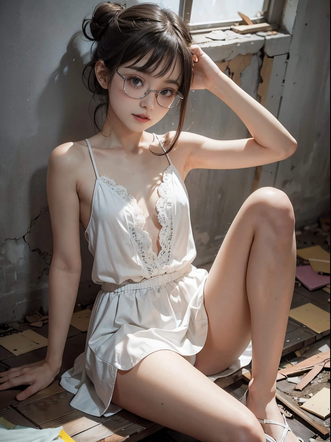 (top-quality), Realistic, (real picture, Intricate details), ((Japanese girl sitting with legs open wide in abandoned apartment building, cracked wall, messy floor, pile of rubble:1.2)), ((white camisole dress, lace dress, sleeveless)), (((small chest:1.6))), (childish body), Fair skin,((bun hair, short bangs)), (baby faarted lips, blush:1.2, glasses, shy smile), thighs, hard lighting:1.3, full body shot