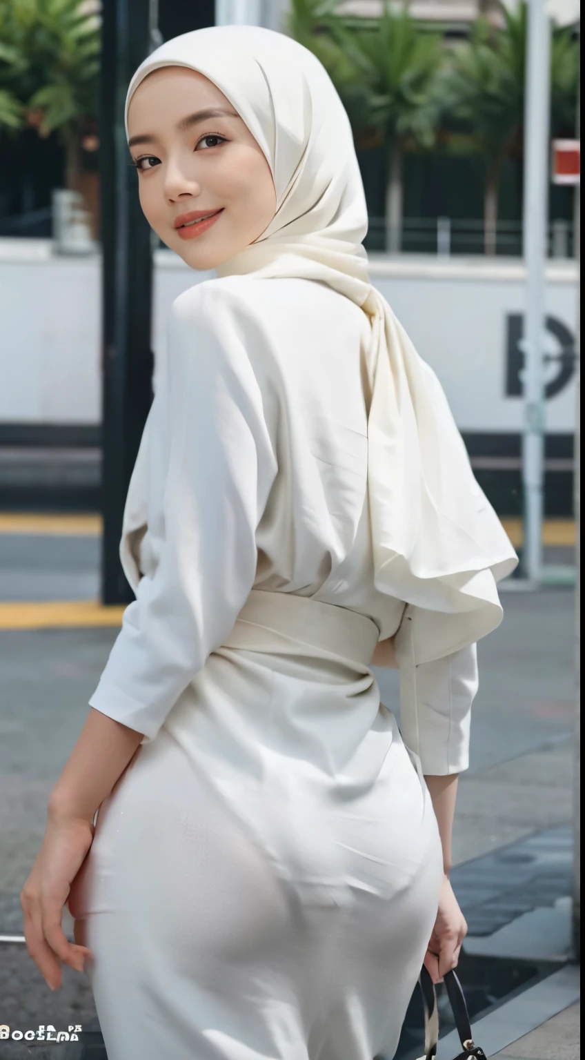 1 Malay girl, modern plain hijab, shy, medium portrait, watery eyes, RAW, Best quality, high resolution, masterpiece: 1.3), beautiful Malay woman in hijap:0.8),perfect nose,perfect lips, perfect eyes, detail :1.2), soft smile,Beautiful woman wearing a hijap, wearing a long turkneck t-shirt, thick waist, beautiful fitting breastig breasts, curvy booty, long eyelashes, thin smile, thick thighs, strong calves, She wears a yellow jacket, tight casual pants, belt, he waiting in the park, photorealistic, Masterpiece, bokeh, Volumetric lighting, Autumn mood, beautiful buttocks, beautiful buttocks, from behind, (looking at the audience) , looking back, facial details, double eyelids, smiling)