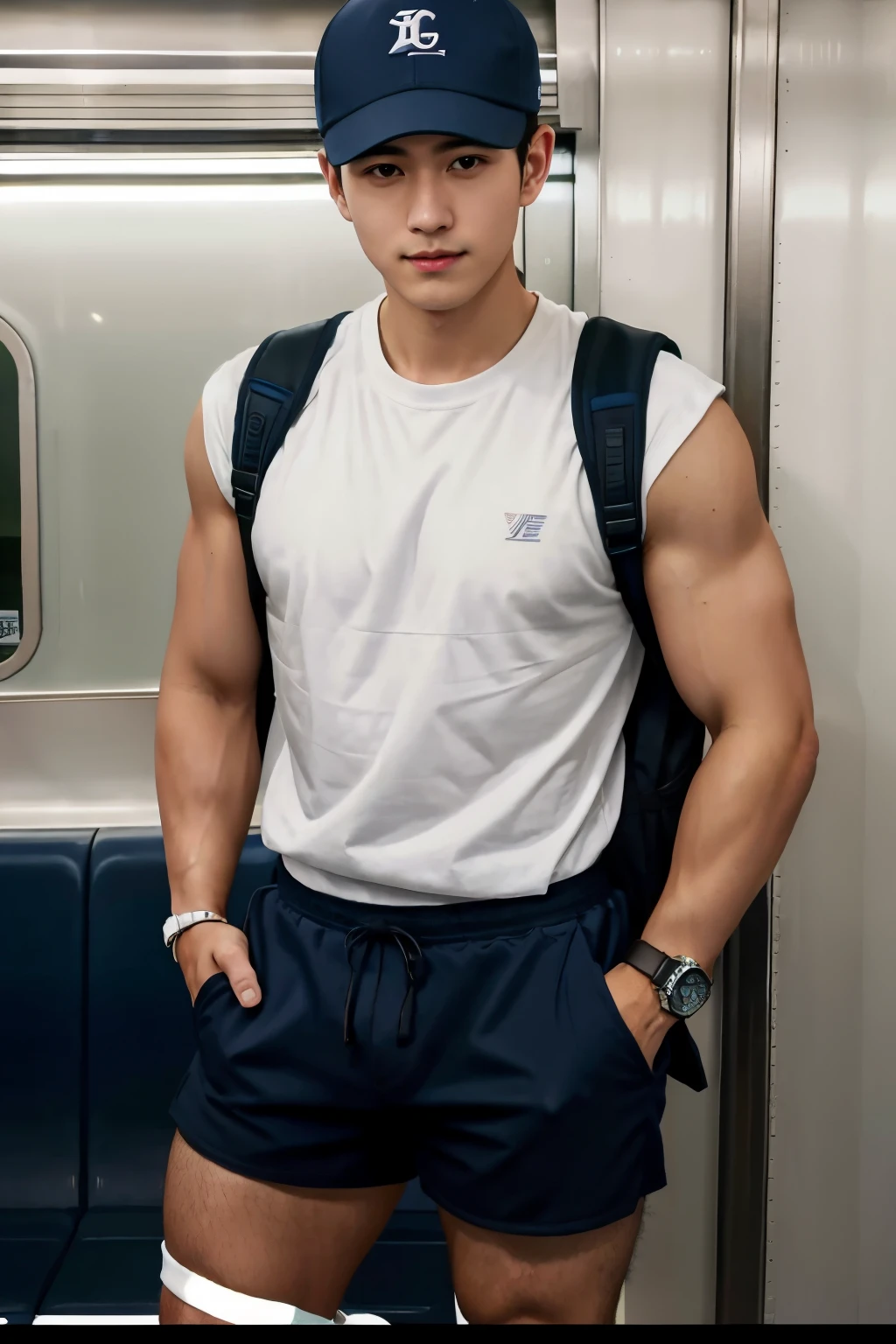 1人，A 20-year-old man in the subway，Standing in a subway car，Ultra-flat head，Blue baseball cap，White skinny sleeveless T-shirt，Wear yours with grey shorts，leg apart，musculous，Handsome，Look at your phone，Wear AirPods，Wear an Apple Watch，Sport backpack，white short socks，White sneakers，pervert smirk，exhilarated，full bodyesbian，Exposing thighs，Expose calves，Thick leg hair，In crowded subway cars，gentlesoftlighting，tmasterpiece，best qualtiy，8K  UHD，digital SLR camera，filmgrain，Fujifilm XT3 Realistic painting art，Written by Midjourney and Greg Rutkowski