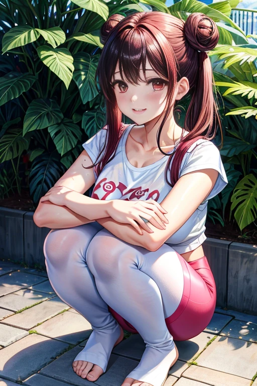 Super detailed,masterpiece,best quality,harf,View,blush blush,Yazawa Nico,red eyes, Blunt hair, 1 female、White clothes、The belly is visible,White bun hairstyle, black hair color hair、chubby、Smile、pale pink lips、Soaked all over,oestrus,Blushed,visible、Red yoga pants,Sit with your knees folded,wet hair,messy hair,on the ground,Squat on your knees,屈膝sit down,front view,Place your fingers on your lips,Legs slightly open,Legs not together,sit down,Hands together,front shot,坐on the ground