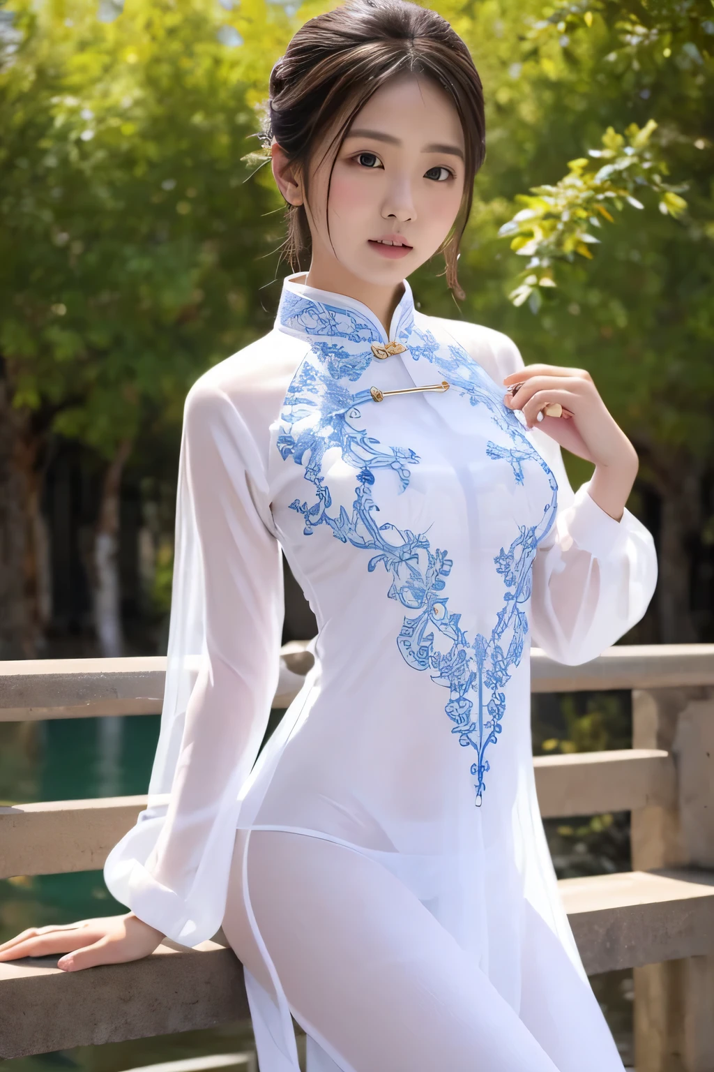 femele,12 years old,japanes,Brown hair,(((White Silk Cheongsam))),Beautiful short hair,,Hair fastening to bangs,,((()),Natural smile,((())),Braids.(((Clothes are wet and see-through))),sand beach,((())),