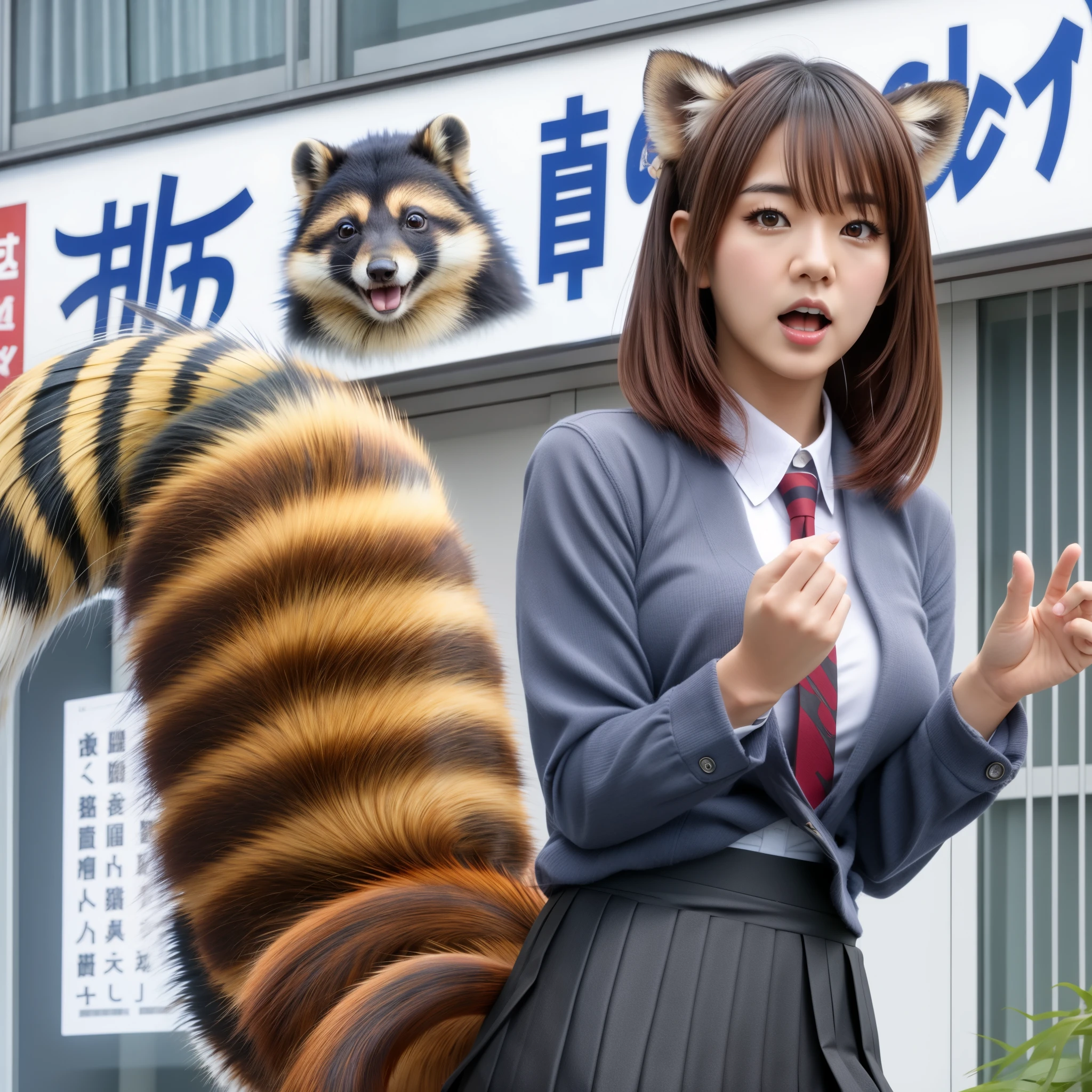 a woman stands with a tanuki tail, (software) safe for work, on pixiv, fur with tail, software version, coworkers, realistic style, , realistic style , two beautiful girls, photograph, 最high quality, (Her skirt is flipped up and her tail is visible.:1.8) ,Reality, small breasts, slender, white panties,tail from above panties, Tail from inside the skirt, bushy tail, realistic tail, flat chest, (software) safe for work, nffsw, retina, muste piece, Accurate, anatomically correct, super detail, advanced details, high quality, 最high quality, High resolution, 1080p, 4k, 8K, The tail is sticking out from inside the skirt, long tail, surprised face