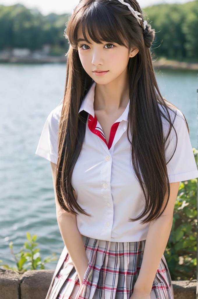 beautiful illustrations, looking at the viewer, whole body, Front view:0.6, 1 girl, Japanese, high School girl, (long hair:1.5), blown hair, (half up, half updo), bangs, hair between eyes, big breasts:0.8, beautiful hair, beautiful face, beautiful and fine eyes, beautiful clavicle, beautiful body, beautiful breasts, beautiful thighs, beautiful feet, beautiful fingers, (beautiful scenery), , School, ((Short sleeve shirt with collar, white shirt, School uniform, Grey plaid pleated skirt