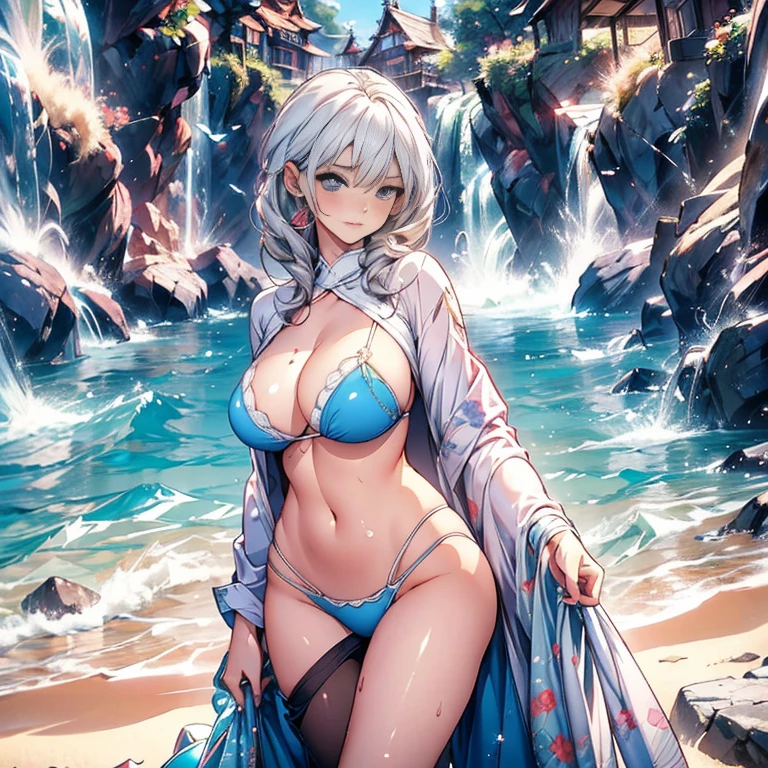 Three beautiful fair-skinned women in bikinis pose for a group photo on the beach, seductive anime girls, beautiful and seductive anime woman, Guviz-style artwork, Perfect white haired girl, Guviz, Beautiful anime girl, ross tran. scenery background, in beach, Beautiful anime woman, trending on artstation pixiv, Extremely detailed Artgerm, Beautiful anime beauty,Extra-large big breasts,Blush,Perfect body slim curves,8K romantic art photos,