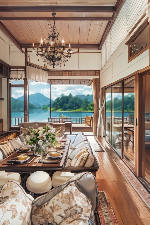 Grand mansion、Dining kitchen、big glass door、
Luxury sofa、lake、small boat、Asahi