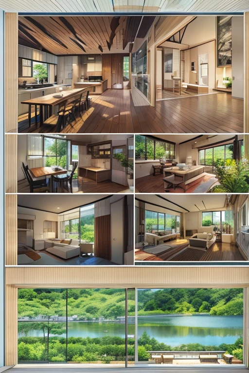 Grand mansion、Dining kitchen、big glass door、
Luxury sofa、lake、small boat、Asahi