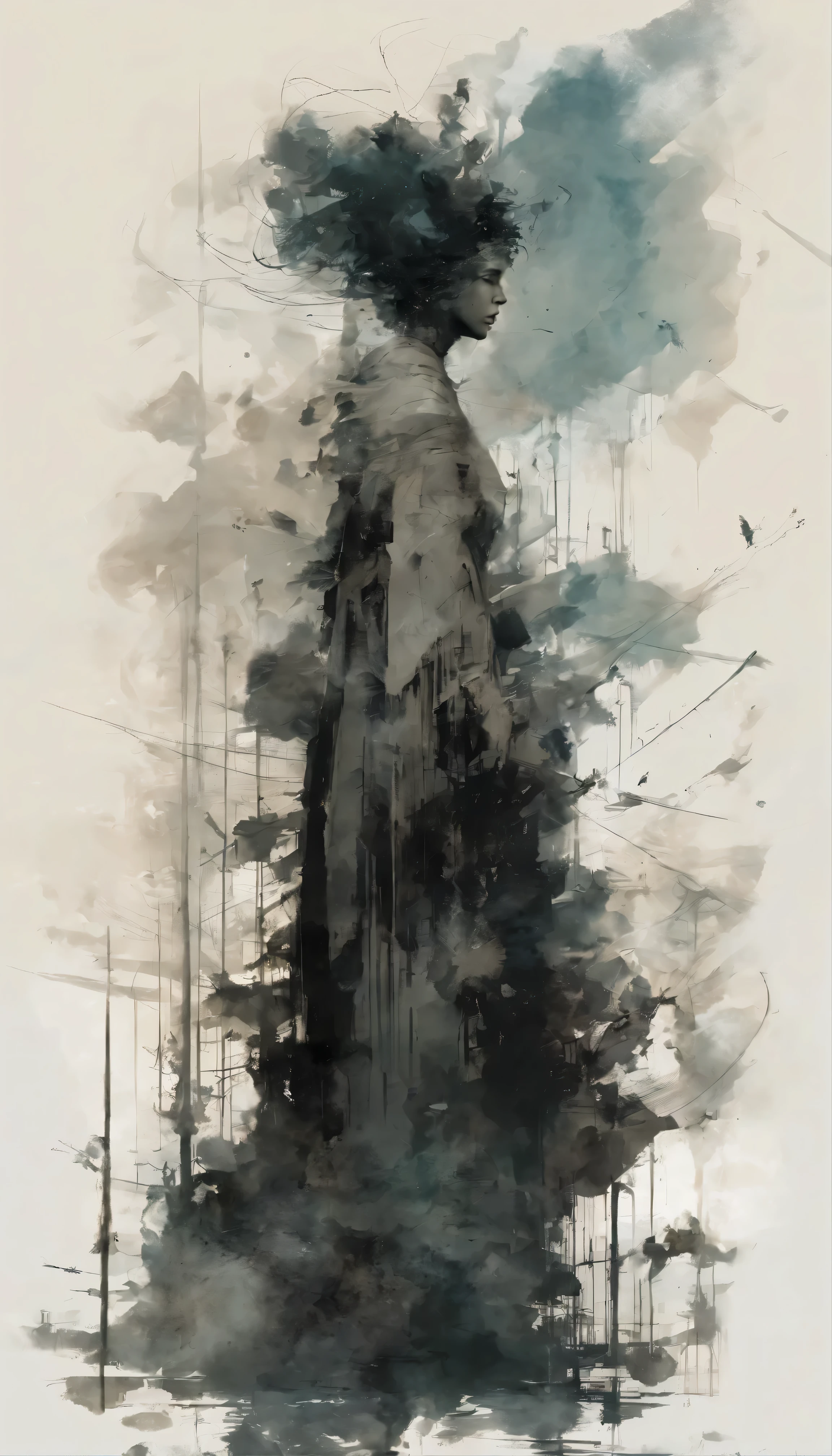 DARK Horror Creatues arround a Woman walks through them with shape brush mark on white canvas illustration described in the glitch style of Vassily Kandinsky and Jeremy Mann, HQ, 4K , complex background, fantasy creepy, nightmare, dark luminescent scary, Alyssa Monks, Brian Froud, Arthur Rackham hyperdetailed, oasis, ouroboros dark art by by Jean Baptiste Monge, Alberto Seveso, Jeremy Mann;