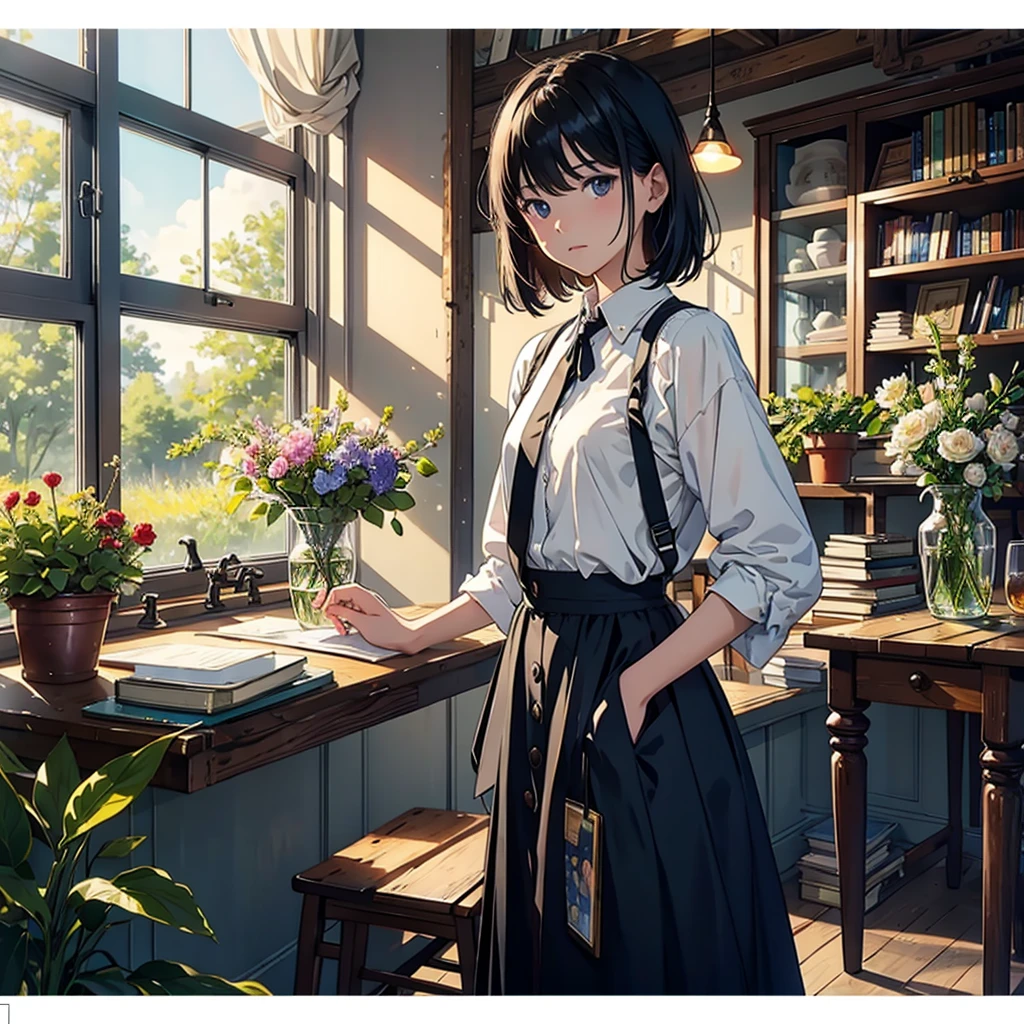 ((Watercolor by singer Sargent))、(highest quality、masterpiece)、1 girl、、wonderful、short black hair、black eye、small breasts、uniform、long skirt、Bookでいっぱいのtable, memos and notes,study,library、Book、flower shop、Bookを読む、table、Floral、window、Foliage plant、 wood、soft light、