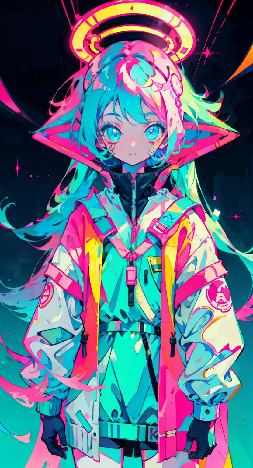 anime girl tied long hair, wearing astronaut suit, neon blue hair, and pink colors, scars, stickers, neon style of whole shot, cool pose