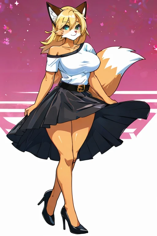 fox, anthropomorphic, big boobs, big ass, pokemorph, (((1girl))), (((white short sleeve shoulderless dress))), (black belt), (white heels), full body, cute and sexy, blonde fur, (black skirt), long legs