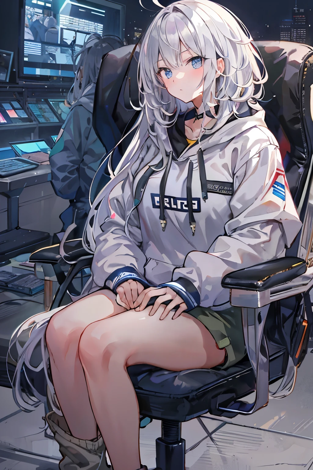 sitting on the chair, Perfect female body, 1 girls, 20 years old, long gray hair, white and silver hair, huge ahoge, ^ ^, medium chest circumference, bright skin, oversized clothes, hoodie, short shorts, black background Clothes, open air operations center,