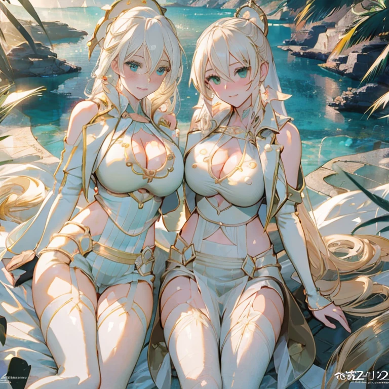 Three beautiful fair-skinned women in bikinis pose for a group photo on the beach, seductive anime girls, beautiful and seductive anime woman, Guviz-style artwork, Perfect white haired girl, Guviz, Beautiful anime girl, ross tran. scenery background, in beach, Beautiful anime woman, trending on artstation pixiv, Extremely detailed Artgerm, Beautiful anime beauty,Extra-large big breasts,Blush,Perfect body slim curves,8K romantic art photos,