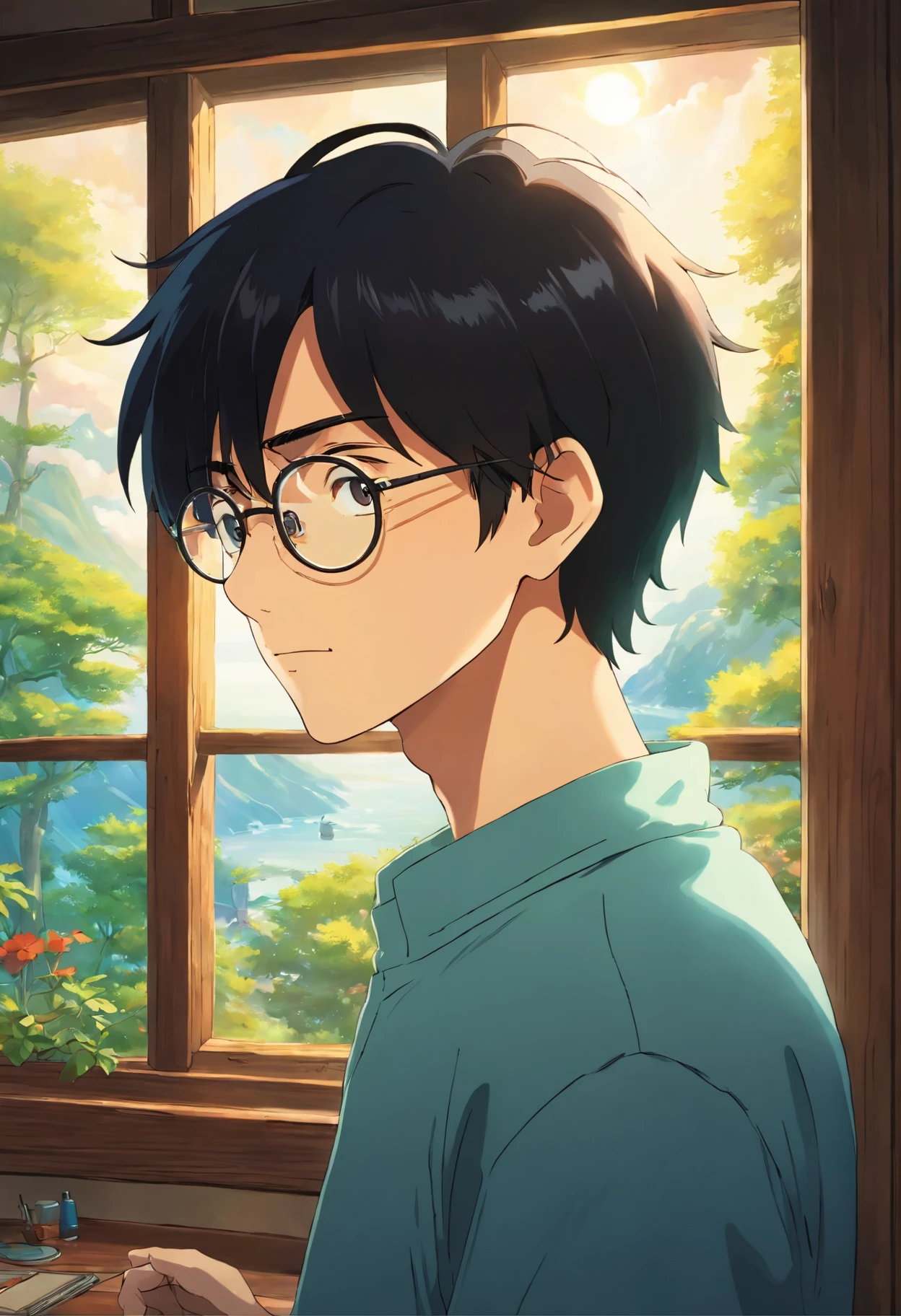 glasses　male　youth　black hair　Window　Light　