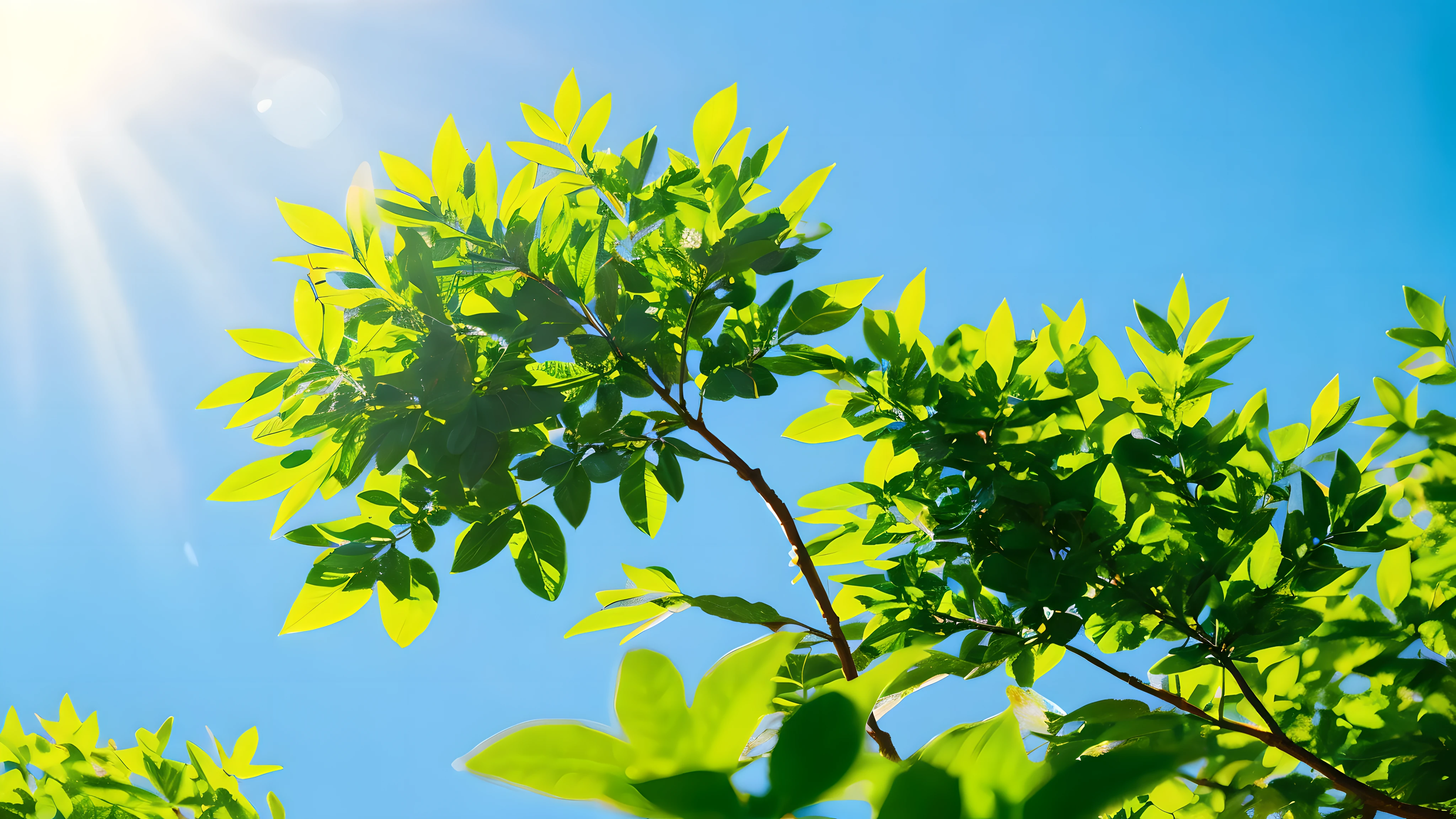 Top CG,(best quality)green(leaf),sparkling),sky blue sky,(Photo texture),Detail enhancement,lifelike,light green,Tyndall ray,wallpaper,soft light,romantic scenes,