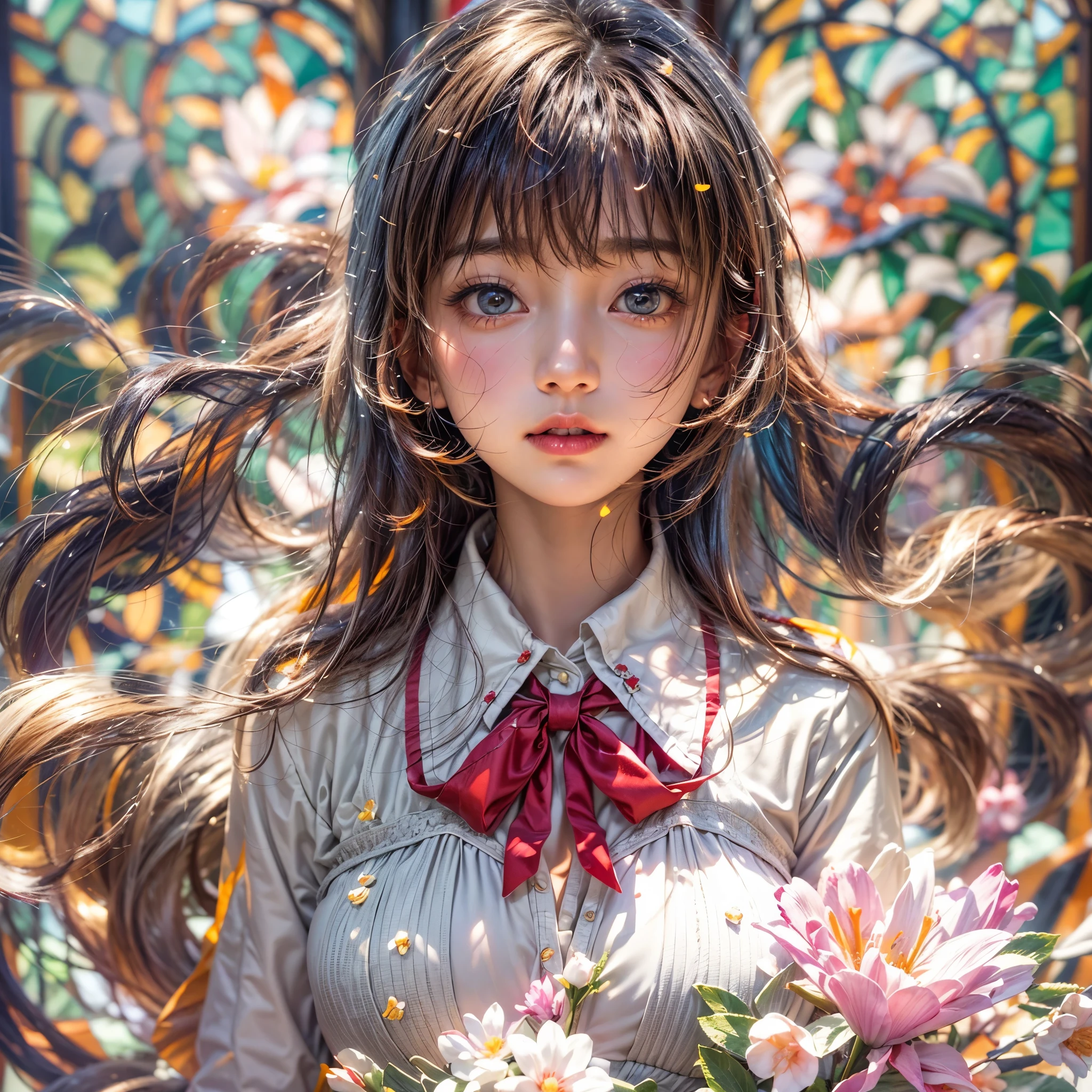 (NSFW:-0.98) . White and Red, (Dazzling colorful light pours down and reflects:1.2), (Physically-based Rendering with incredible detailed Textures), Award-winning Masterpiece of professional Analogue photograpy, { (((Photorealistic:1.37))) | (Hasselblad with F2.8) }, (((Acutance:0.99, Dynamic- Closeup:1.37), { from below | from side } )) . (KAWAII girls in (school uniform)) with visible Overflowing Cleavage and Navel without bra . (((Extremely detailed KAWAII face variations)) with joyful expressions), { Glossy cute Lips Closeup | Detailed natural eyes with sparkling highlights and long eyelashes | Rosy cheeks | Navel | (pretty Ass) | (Overflowing underboob) | Oiled ivory skin Details | White panties with (blood seeping only in crotch area) | ((full of Flowers covering girl's body:1.15)) | (((Dazzling colorful stained glass with stunning elaborate details:1.2))) | Mystic sight | A Halo ling in the air | God rays | Haze | Lens flare | Lens Ghost | Luminescent particles | Halation } . Ultra-detailed, (Exposed:0.8), (((Nipple:-0.9))) .