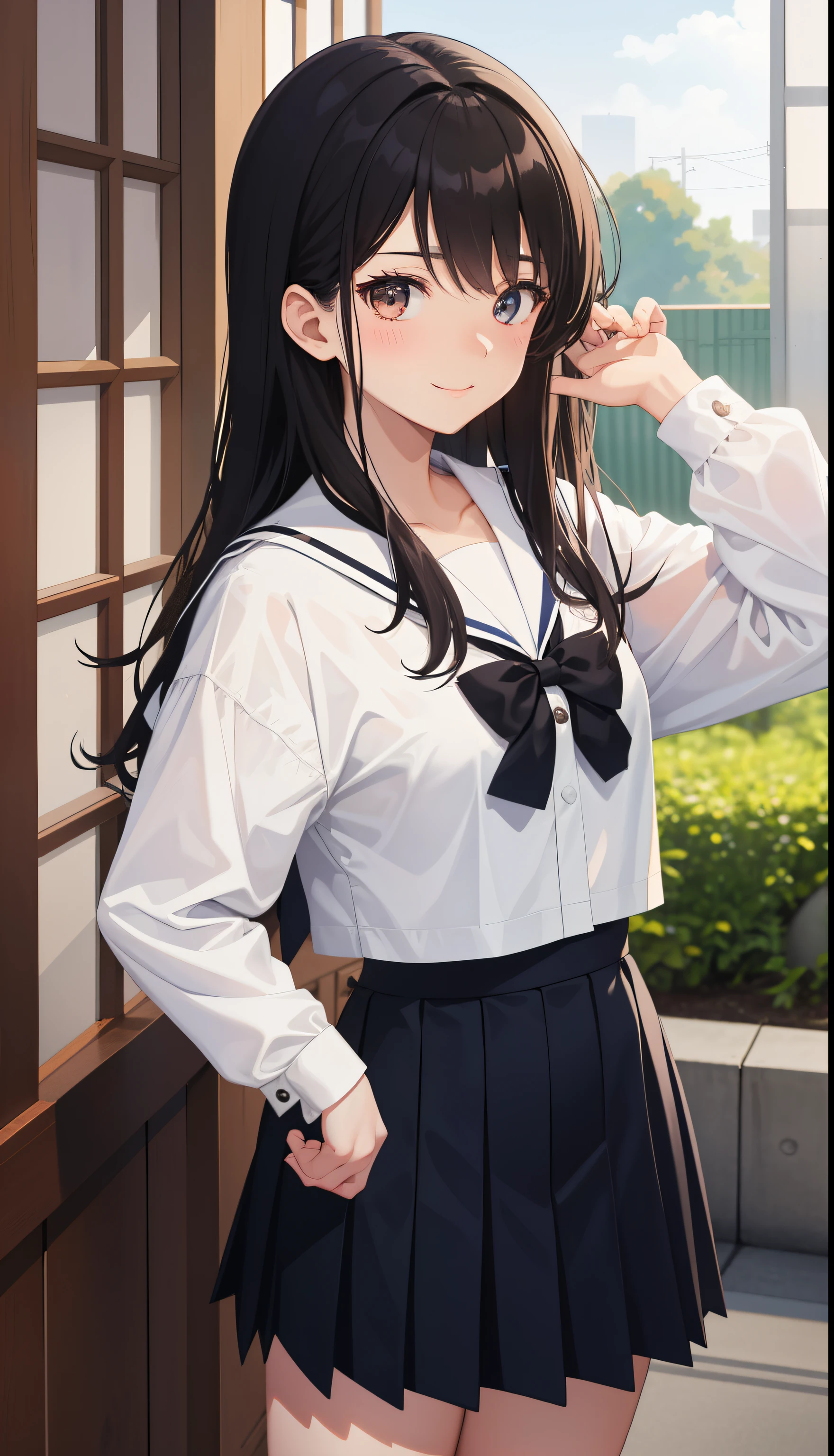 1girl in、AS-Adult、A smile、(Tsundere)、The shirt、skirt by the、(small tits)Chilarism、Japan High School Student Uniform、serafuku、summer clothing、(Sheer Bra)、Upper body portrait、