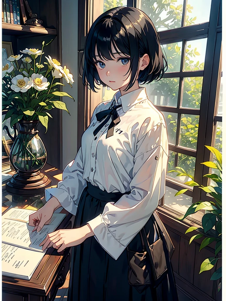 ((Watercolor by singer Sargent))、(highest quality、masterpiece)、1 girl、、wonderful、short black hair、black eye、small breasts、uniform、long skirt、Bookでいっぱいのtable, memos and notes,study,library、Book、flower shop、Bookを読む、table、Floral、window、Foliage plant、 wood、soft light、