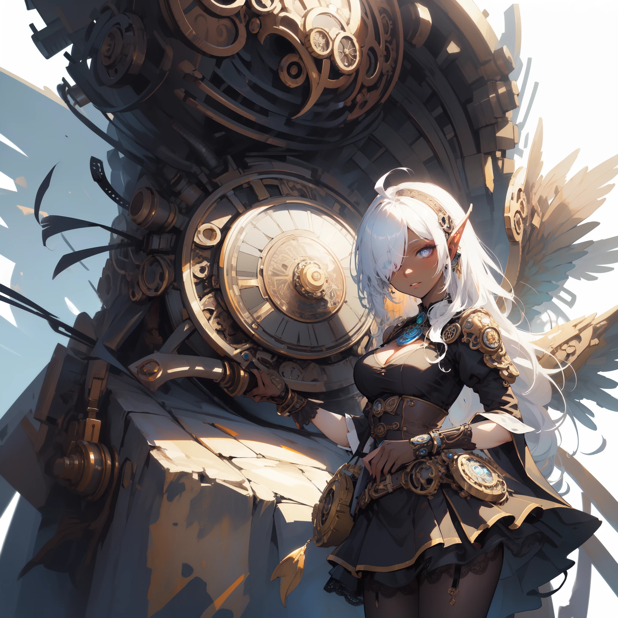 ((masterpiece )), (top quality), (best quality), ((ultra-detailed, 8k quality)), Aesthetics, Cinematic lighting, (detailed line art), Beautiful digital artwork, Exquisite digital illustration, absurdres, (best composition), (high-resolution), (zentangle, mandala, tangle, entangle), (fractal art:1.3),
BREAK,
Potrait of a dark elf woman, (Overly decorative fashion, Very decorative intricate mechanical steampunk fashion, Lace Flared mini skirt, Lace stockings above the knee, Lace Off-shoulder ta fashion, gear ornament, Steampunk_costume), (Steampunk Cyborg, Futuristic headgear, ((large wings made of metal)), Details of complex ornaments, Hydraulic cylinder, highly intricate detail), Acrylic Clear Cover,  glowy skin, SteamPunkAI, Shadow, character edge light, (looking at viewer, cowboy  shot), (The background is a gear, CogPunk ornament, city, (pure white background)), artstation, concept art, illustration in steampunk style by Yoji Shinkawa, by Mikimoto Haruhiko,
BREAK,
highly detailed of (dark elf), (1girl), solo, perfect face, details eye, ahoge, ((long hair:1.2)), (hair over one eye:1.3), [[Messy hair]], blonde white hair, violet eyes, multicolored eyes, multicolored hair, radiant eyes, bright pupils, (eyelashes, eyeshadow, pink eyeshadow), smile, Concept art by Mikimoto Haruhiko, by Kawacy, By Yoshitaka Amano,
BREAK, 
((perfect anatomy)), nice body, medium breast, (extremely detailed finger), best hands, perfect face, beautiful face, beautiful eyes, perfect eyes, (perfect fingers), correct anatomy, ((dark skin)), 