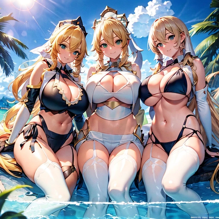 Three beautiful fair-skinned women in bikinis pose for a group photo on the beach, seductive anime girls, beautiful and seductive anime woman, Guviz-style artwork, Perfect white haired girl, Guviz, Beautiful anime girl, ross tran. scenery background, in beach, Beautiful anime woman, trending on artstation pixiv, Extremely detailed Artgerm, Beautiful anime beauty，Extra-large big breasts，Blush，Perfect body slim curves，8K romantic art photos，