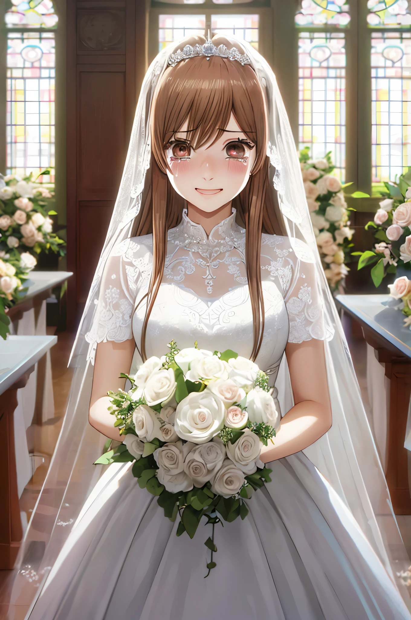 masterpiece, highest quality, 8K, 超High resolution, highest quality, anime style, best writing, beautiful face, smile, 1 girl, Crying with joy, blush, highest quality, High resolution, intricate details, highest quality, chromatic aberration, brown hair, Do not tie hair, 1 girl, alone, (Wedding dress:1.3), (wedding veil:1.3), bouquet, long hair, thighs, long hair, (Upper body:1.3), wedding hall, cry tears, tears flow