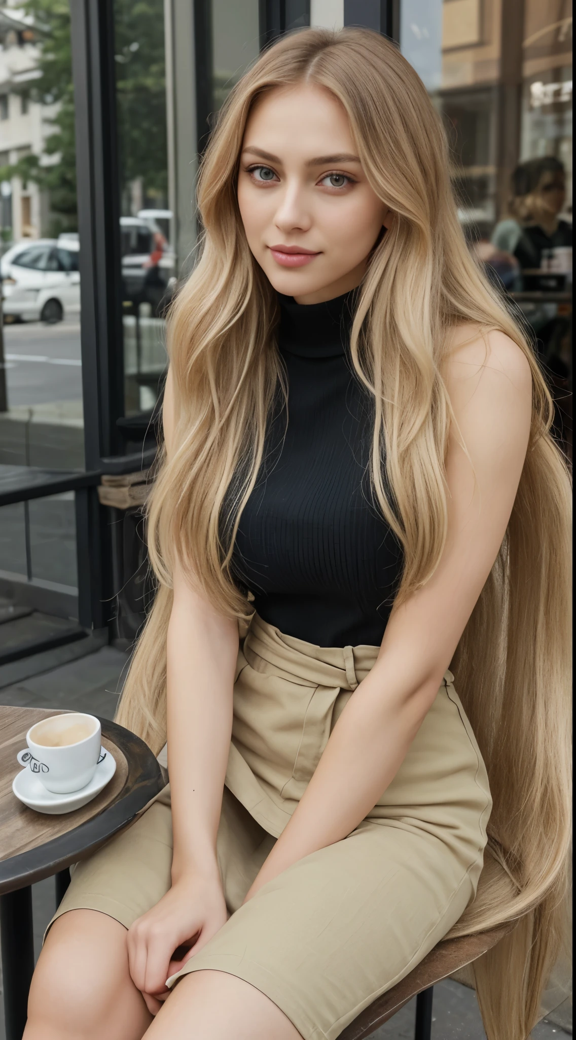 looks like japaneese and russian,almond-shaped eyes, full lips, big eyes, full lips, almond-shaped eyes, full lips, and prominent cheekbones, slim waist, fit body, wearing casual dress, wavy long blond hair, long blond cut hair, symmetrical green eyes, symmetrical face, photorealistic,Beautiful woman sitting and drinking coffee outside on the side of the street in a small café, beautiful face, long blondchair down to the nape of her neck with brown eyes and heavy eyeshadow, Wearing jeans and a black polo shirt, grande estilo de moda, looking at you with loving eyes and a seductive smile,realistic,hyperrealistic,/*-