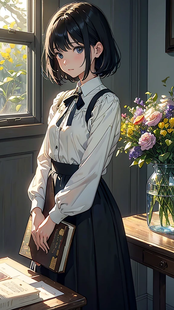 ((Watercolor by singer Sargent))、(highest quality、masterpiece)、1 girl、、wonderful、short black hair、black eye、small breasts、uniform、long skirt、Bookでいっぱいのtable, memos and notes,study,library、Book、flower shop、Bookを読む、table、Floral、window、Foliage plant、 wood、soft light、