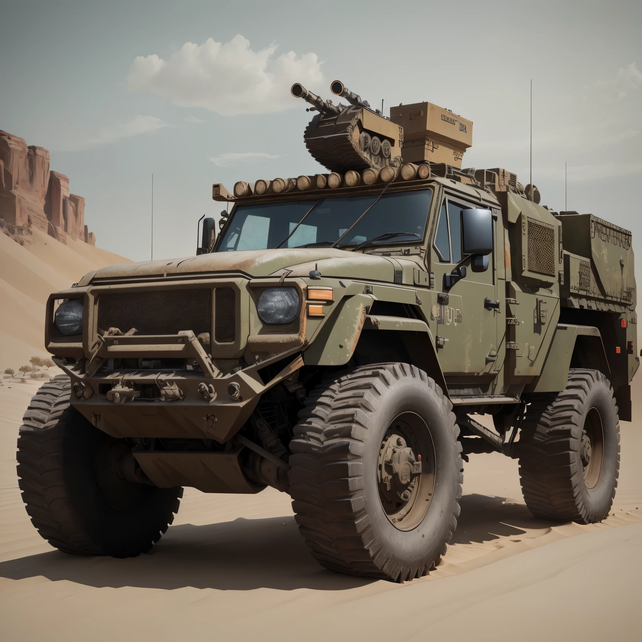 araf truck with a gun on top of it on raff terrain, detailed background, terrain, realistic detailed background,  dessert terrain,  realistic military equipment, desert background, terrain, octane photoreal 3 d render, military vehicles, military equipment, realistic military gear, humvee, military carrier rig, octane 3 d render, octane 3d render, octane high quality render, octane highly detailed, vehicle concept photo!!, 3 d octane render conceptart