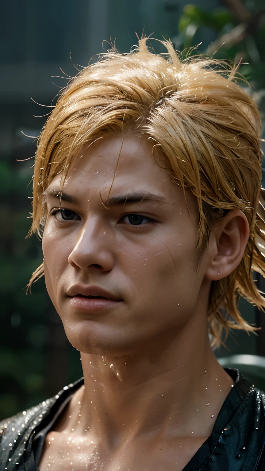 A movie still from Dragon Ball: intimately focused on the Japanese heartthrob portraying Naruto, his golden hair radiantly gleaming under the hyper-realistic rain shower. Close-up perspective, hyper fidelity. Raindrops cascading from the tip of his quivering bangs, wetting his refined features. Captivating, precise, and uncannily lifelike.
