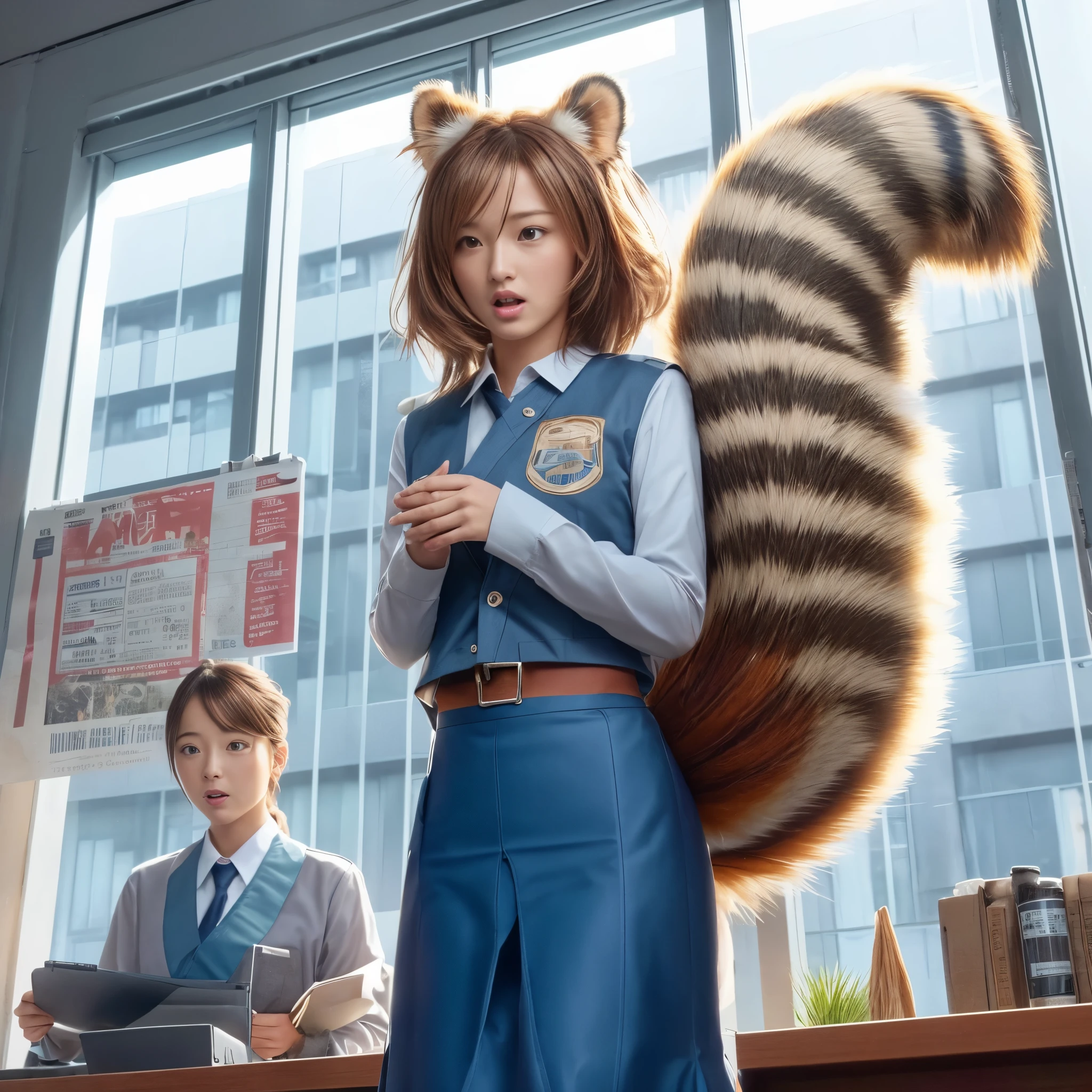 a woman stands with a tanuki tail, (software) safe for work, fur with tail, software version, coworkers, realistic style, , realistic style , two beautiful girls, photograph, 最high quality, (Her skirt is flipped up and her tail is visible.:1.8) ,Reality, small breasts, slender, white panties,tail from above panties, Tail from inside the skirt, bushy tail, realistic tail, flat chest, (software) safe for work, nffsw, retina, muste piece, Accurate, anatomically correct, super detail, advanced details, high quality, 最high quality, High resolution, 1080p, 4k, 8K, The tail is sticking out from inside the skirt, long tail, surprised face, angry face