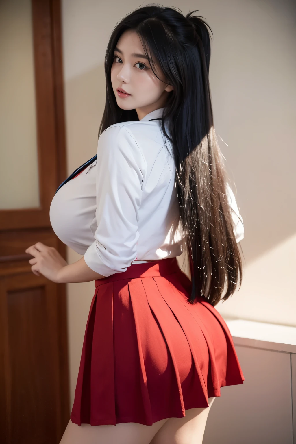 1个Giant Breast Girl, big boob, masterpiece, Best quality at best, high qulity, OLGA_mary, black hair, blue eye, long hair, hair between eye, uniform school, red skirt, bigbutt, Very long hair, cow boy shot, white light rim
