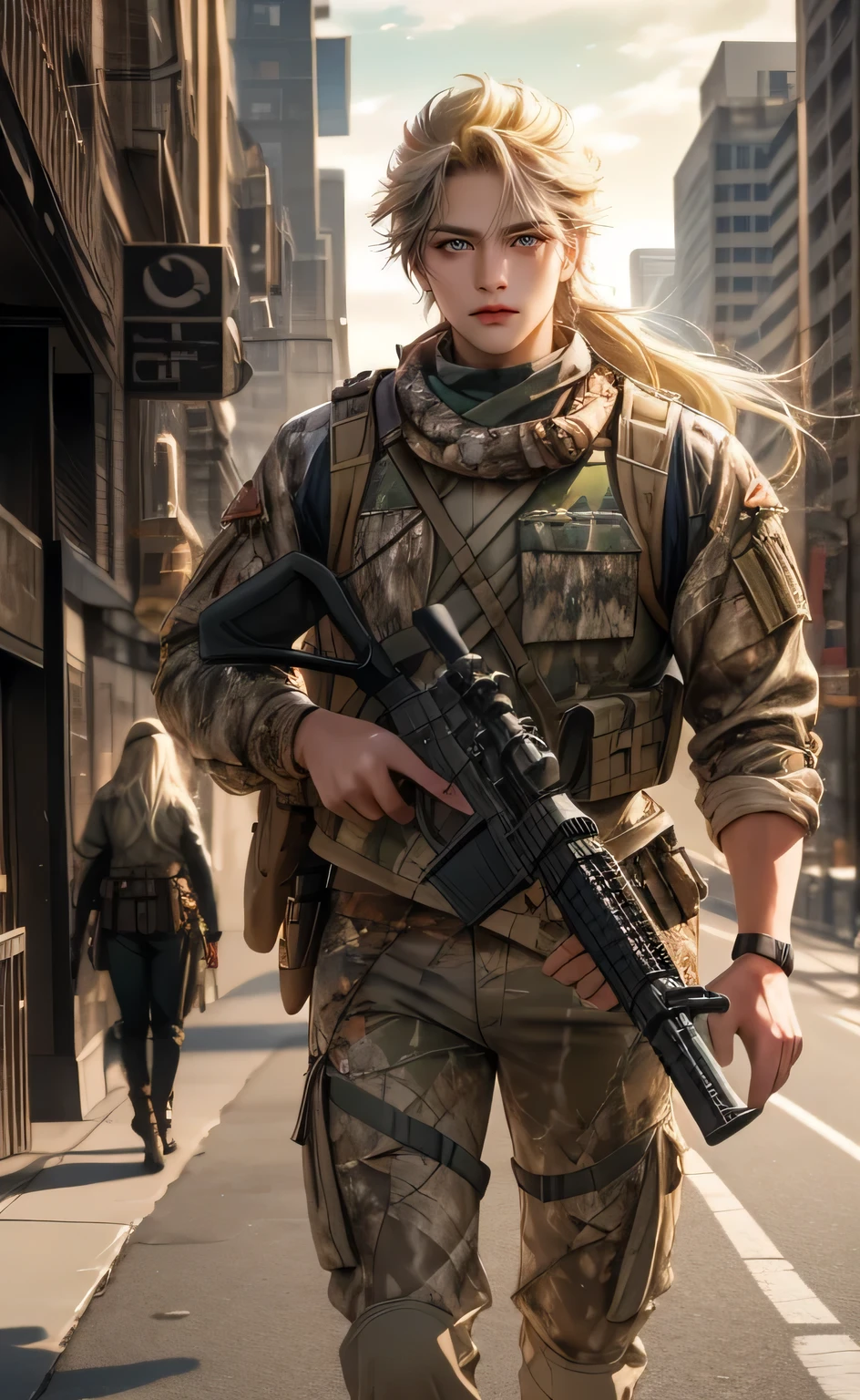 best quality, ((1 person)), light blonde, flowing hair, brown eyes, hunter costume, women looking around, walking, city. With a hunting gun on your back, broad shoulders, realistic, ultra high definition, 3d rendered,