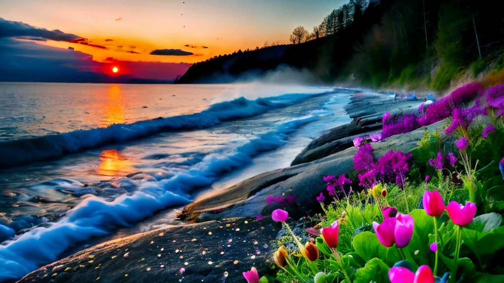 hotsprings, cliffs, waves, opalescent, (Photoluminescence), fantasy, clear, Cinematic RAW photo, hyper real photo, ultrarealistic, dslr, soft lighting, high quality, reflections, photo, (sparkling) splashing rainbows, glistening, (iridescent), (alien flowers), glimmering, foam, foamy, wet, dripping, trinkling, crystals growing, (secret treasure in it), misty, mystical, enchanting, glittering, sunset, (masterpiece) (best quality) (detailed) (8k) (HDR) (cinematic lighting) (sharp focus) (intricate), many lights on rocks, fairy lights in trees, magical colors and atmosphere, enchanting landscape, epic dreamlike fantasy landscape, giant fluorescent fungi, magical colors and atmosphere, impressive fantasy landscape, bioluminescent, epic and stunning, magical environment, celestial, fairies, moons, wildflowers, glowing orbs