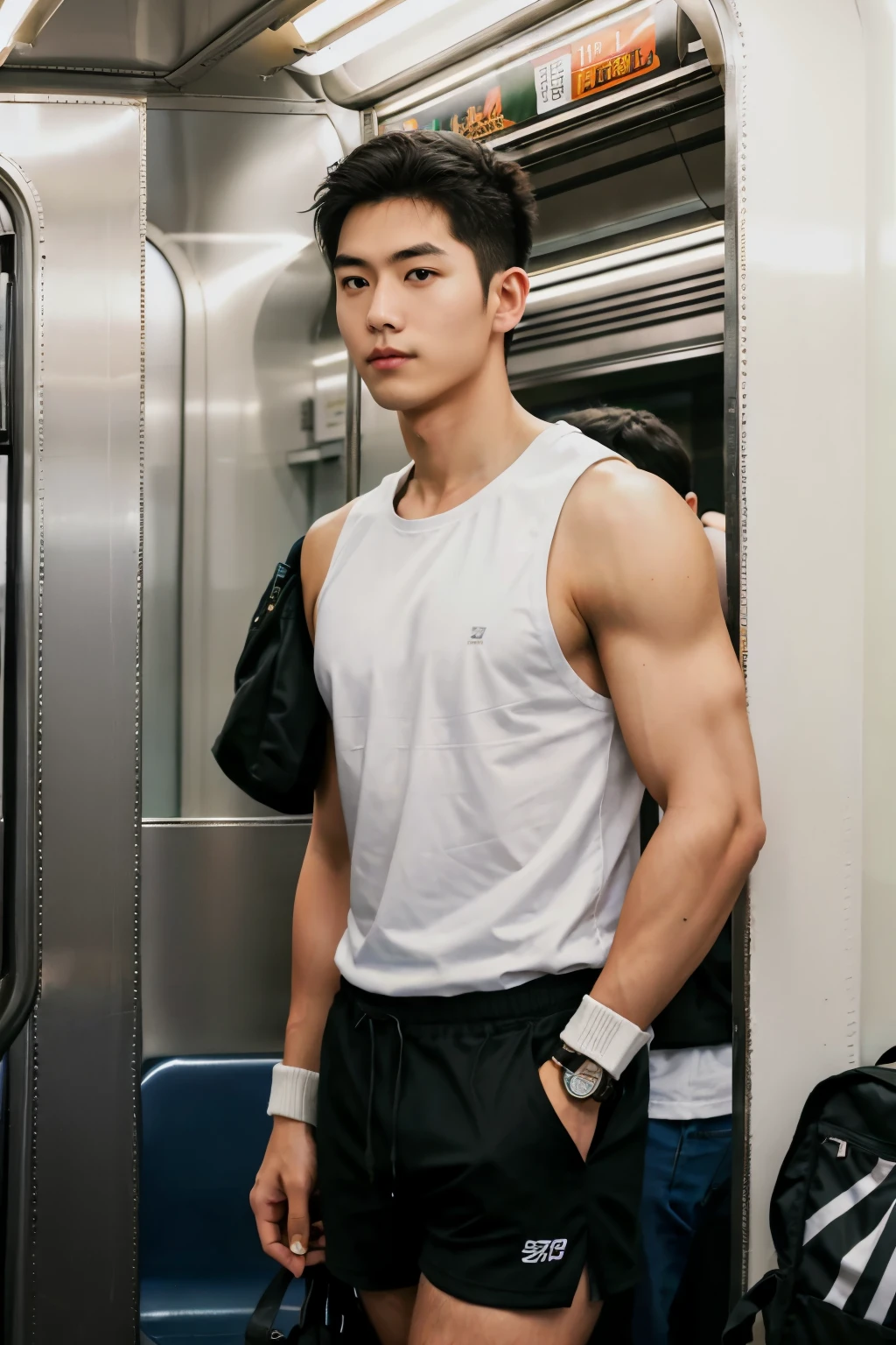 1人,A 20-year-old man in the subway,Standing in a subway car,Ultra-flat head,White skinny sleeveless T-shirt,Wear yours with grey micro shorts,huge bulge, leg apart,musculous,Handsome,Look at your phone,Wear AirPods,Wear an Apple Watch,Sport backpack,white short socks,White sneakers,pervert smirk,exhilarated,full bodyesbian,Exposing thighs,Expose calves,Thick leg hair,In crowded subway cars,gentlesoftlighting,tmasterpiece,best qualtiy,8K UHD,digital SLR camera,filmgrain,Fujifilm XT3 Realistic painting art,Written by Midjourney and Greg Rutkowski