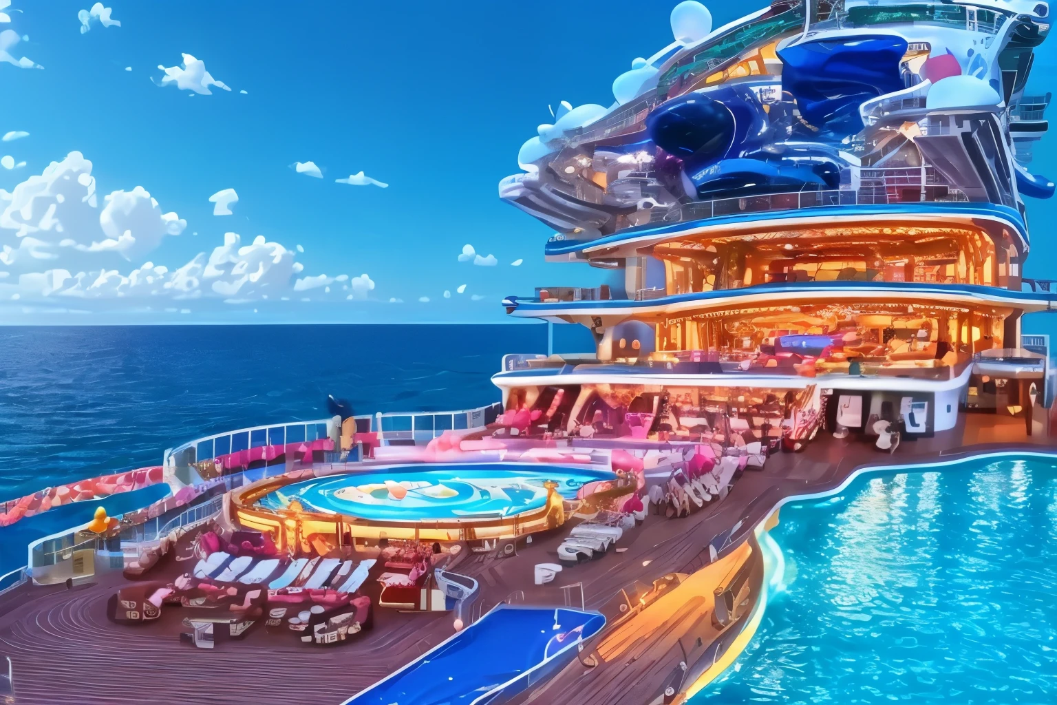 Highest image quality,highest quality,best quality,masterpiece,4k,8k,1 A luxury cruise ship,blue sea,gorgeous ship,like an amusement park,Large pool,deck,A ship that looks like a luxury tower apartment,