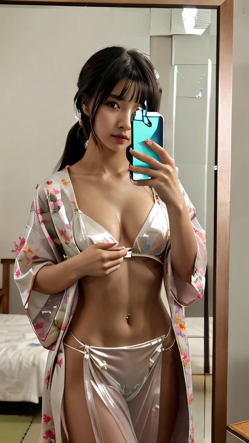 最high quality、high quality、best image quality、8K、最High resolution、High resolution、最high quality、masterpiece、realistic pictures、RAW photo、realistic atmosphere、(detailed face)、(fine hands、thumb１reference４)、(beauty of japan )、very nice face、cute face、((beautiful japanese girl))、(woman), ((18 year old beautiful girl))、(glossy black hair)、(straight long hair)、(ponytail)、whole body、slim style、(shiny skin)、(Fair skin, Glossy skin)、real human skin、realistic human body structure、perfect body， perfect face， perfect hands， perfect fingers， perfect lips， perfect eyes，perfect teeth、perfect background， perfect atmosphere， soft natural light、samurai kimono、maiko kimono、servant、geisha kimono、japanese kimono、Furisode、kimono、Yukata、japanese traditional、((There is a very large mirror stand in the room.))、((colorful transparent see-through(flowery kimono、Hakama with side slits))、((stand in front of the mirror(Girl holding a smartphone and taking a selfie of herself in the mirror))