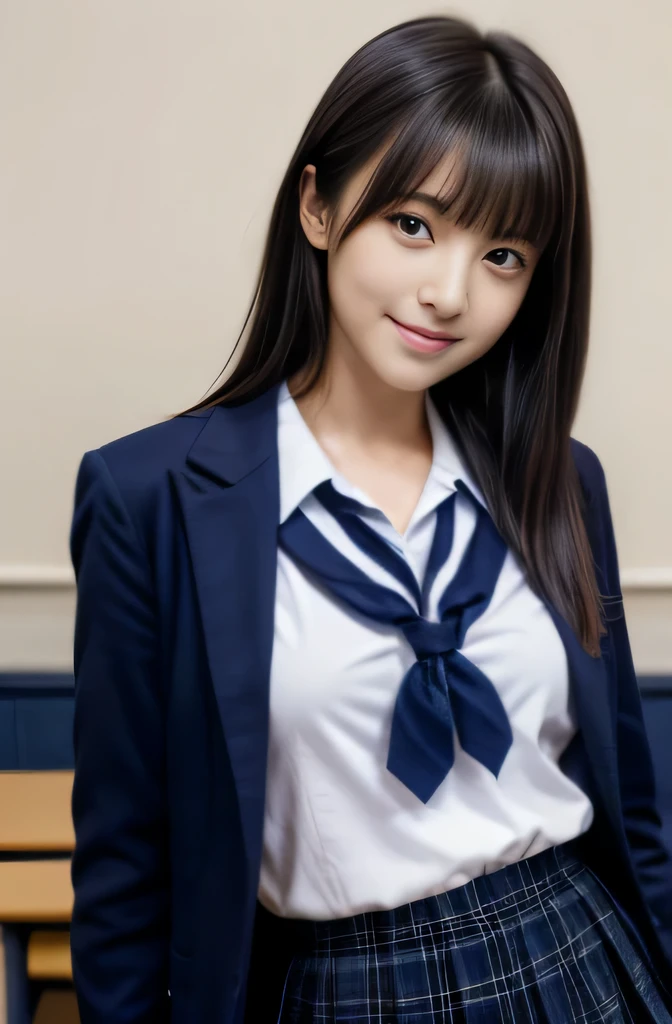  1woman posing for photo, japanese model model, -yeld fee model, 4K、bangss、A dark-haired、bobhair、Middle hair、Straight hair、(Student uniform with dark blue blazer and red tie, Navy Plaid Pleated Skirt:1.2),　(Super cute face in idol style:1.2)、school classrooms、slim and beautiful figure、beutiful breast、full body Esbian、school classrooms美しい脚、sexy pose、white sock、White sneakers、((ブラウスのボタンが外れて、胸の谷間)), 