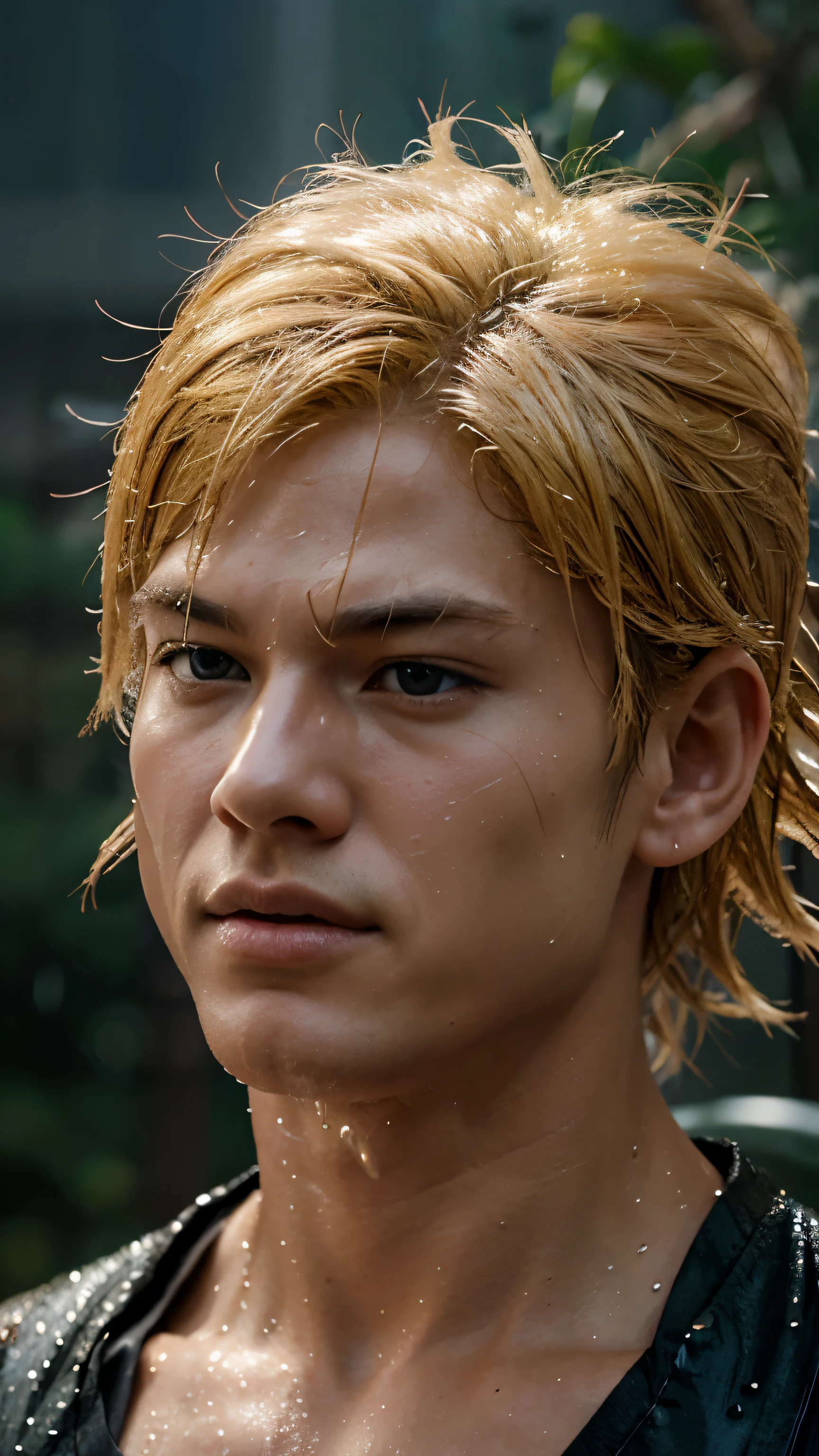 A movie still from Dragon Ball: intimately focused on the Japanese heartthrob portraying Naruto, his golden hair radiantly gleaming under the hyper-realistic rain shower. Close-up perspective, hyper fidelity. Raindrops cascading from the tip of his quivering bangs, wetting his refined features. Captivating, precise, and uncannily lifelike.