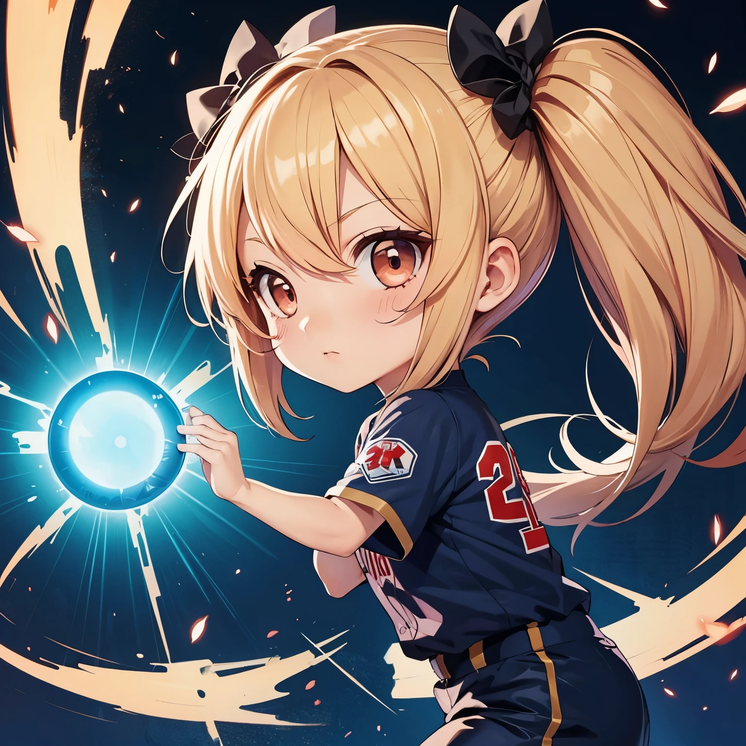 ((chibi:1.5)), (masterpiece), (best quality), high resolution, ultra detail, photorealistic, 8K
BREAK
1 girl, solo, twintails, long hair, blonde hair, bangs, bow, from side, looking side
BREAK
female baseball player, baseball uniform, eye-beam, shining eyes, beam, (glowing eyes:1.3), magic cercle, serious, baseball Ground