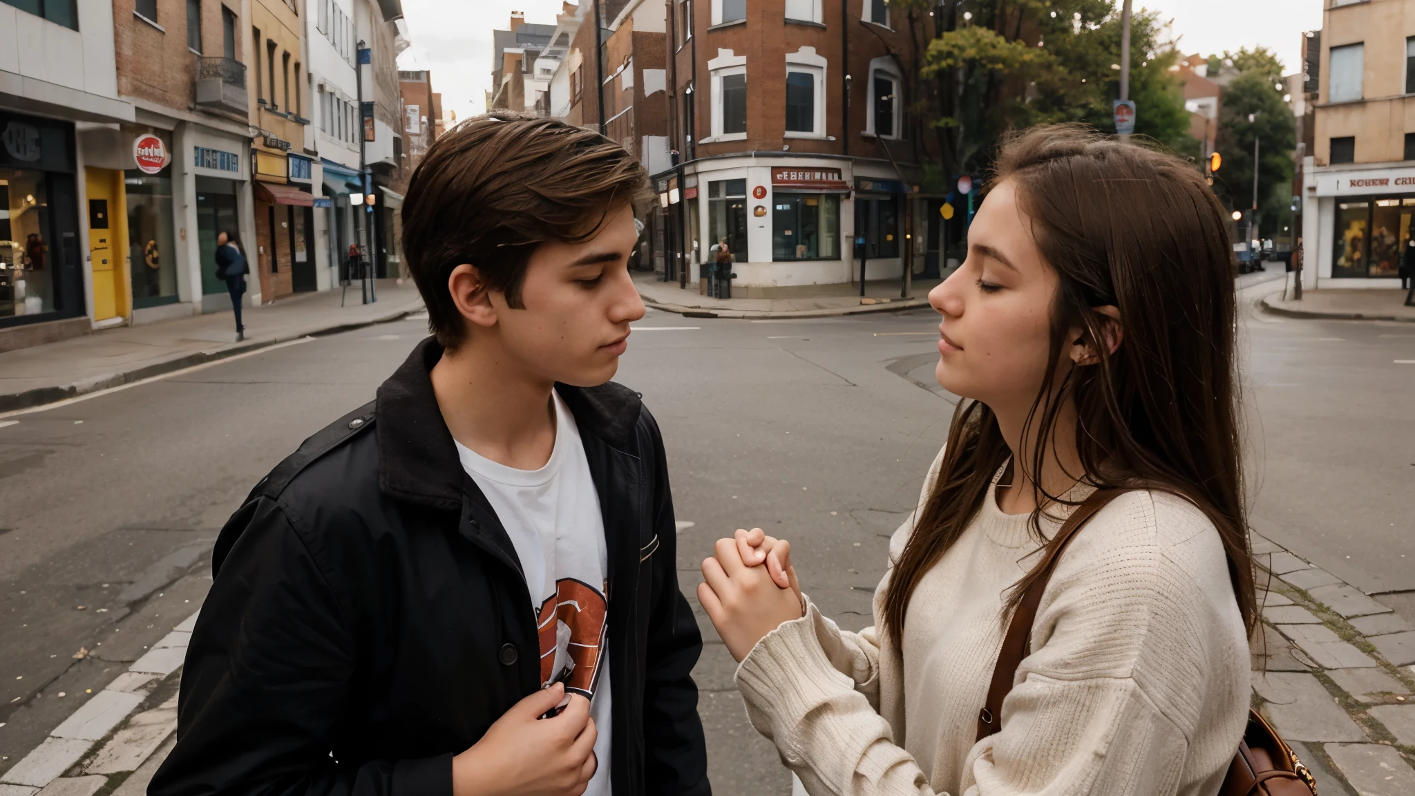 18 year old sister,20 year old brother,kiss,in love hand in hand,brown hair,in the street