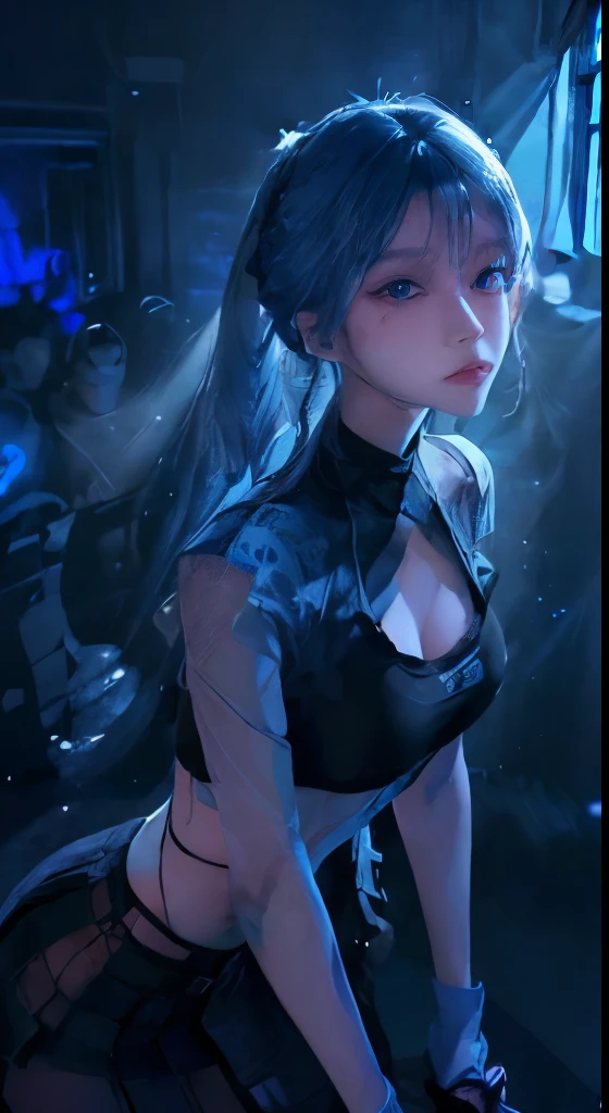 top-quality、Top image quality、masterpiece、girl with((18year old、Best Bust、Medium bust、Bust 85,Beautiful blue eyes、Breasts wide open,Black Short Sleeve T-Shirt、White see-through、Black short skirt、Ponytail with black hair、grin、Fashionable bags、Beautiful blue earrings、emphasis on the buttocks、A slender、Height 175cm,posterior view、Leaning forward、Blue hair mesh))hiquality、Beautiful Art、Background with((Inside the cinema、Red and blue lighting)),masutepiece、Elaborate design、visualart、depth of fields、The best lighting、highestdetailed、