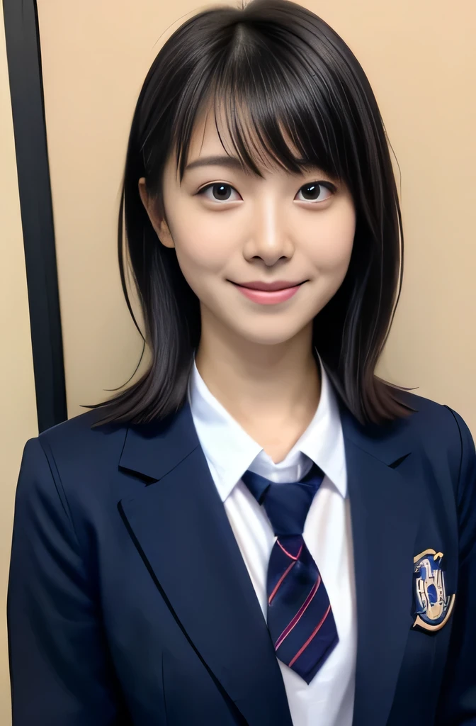 Close up of woman posing for photo, japanese model model, 16-year-old female model, 4K、bangss、A dark-haired、bobhair、Middle hair、Straight hair、(Student uniform with dark blue blazer and red tie, Navy Plaid Pleated Skirt:1.2),　(Super cute face in idol style:1.2)、school classrooms、slim and beautiful figure、beutiful breast、A smile、full body Esbian、school classrooms美しい脚、sexy pose、white sock、White sneakers、シャツのボタンが外れて、胸の谷間が見えて、