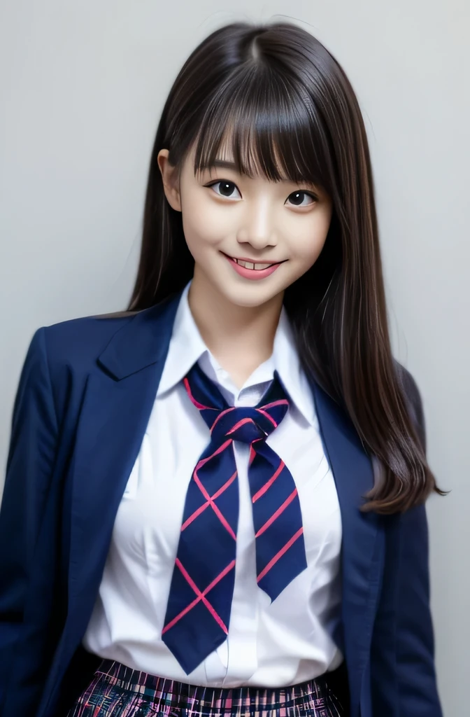 Close up of woman posing for photo, japanese model model, 16-year-old female model, 4K、bangss、A dark-haired、bobhair、Middle hair、Straight hair、(Student uniform with dark blue blazer and red tie, Navy Plaid Pleated Skirt:1.2), (Super cute face in idol style:1.2)、school classrooms、slim and beautiful figure、beutiful breast、A smile、full body Esbian、school classrooms美しい脚、sexy pose、white sock、White sneakers、
