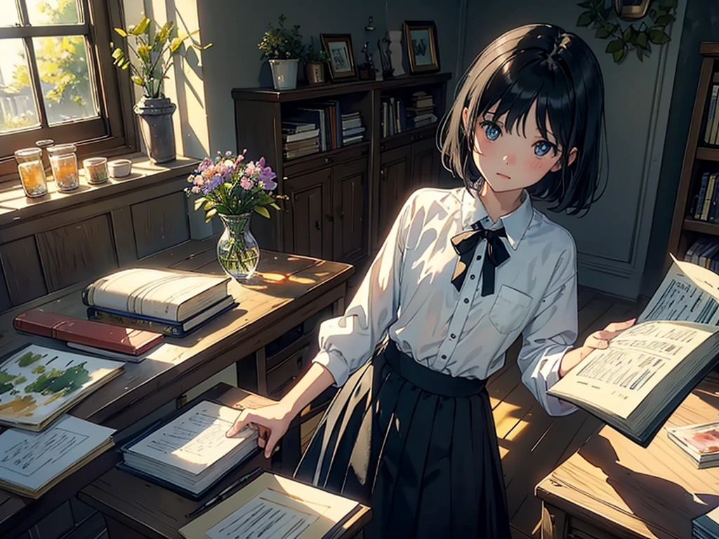 ((Watercolor by singer Sargent))、(highest quality、masterpiece)、1 girl、17 years old、wonderful、short black hair、black eye、small breasts、uniform、long skirt、Bookでいっぱいのtable, memos and notes,study,library、Book、flower shop、Bookを読む、table、Floral、window、Foliage plant、 wood、soft light、