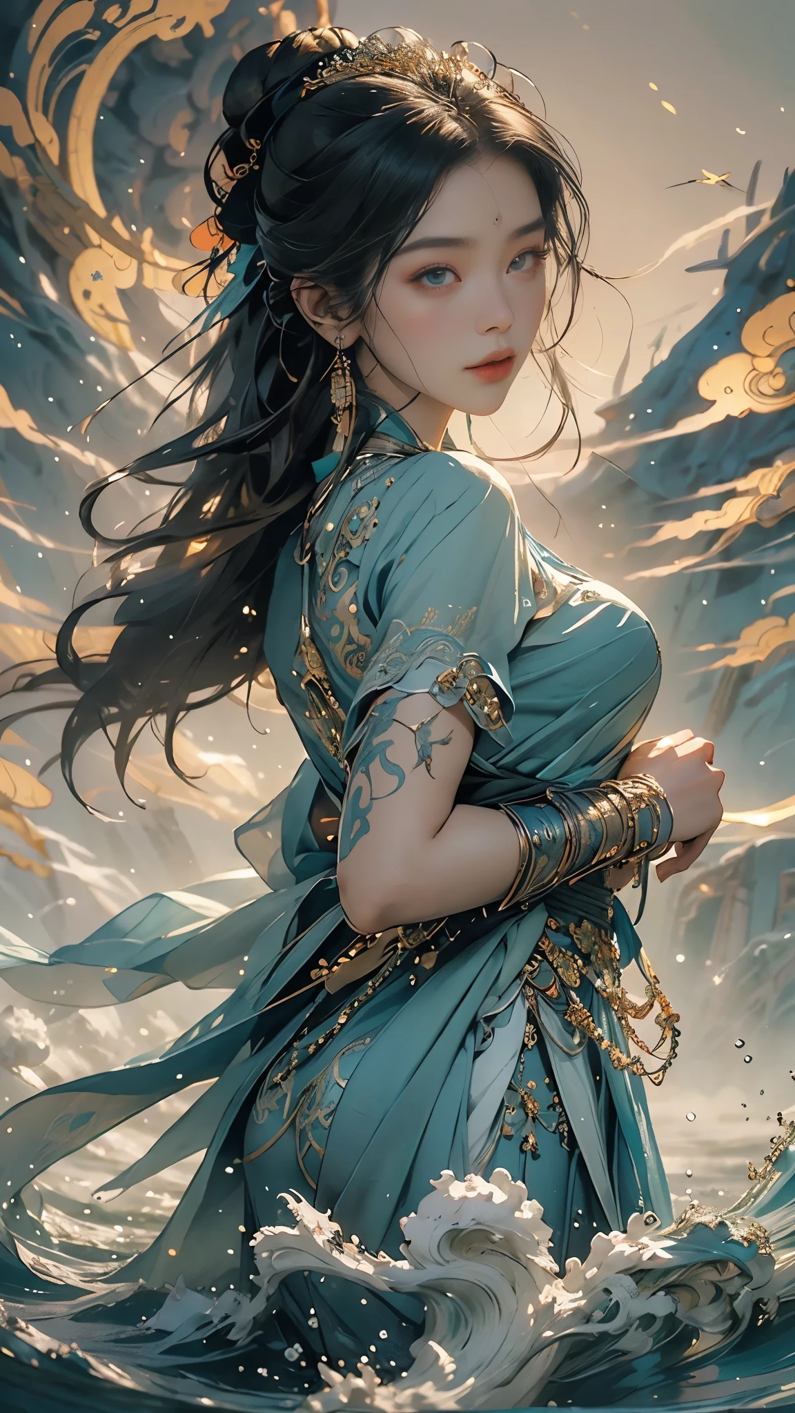 Telling the mythical story of Nuwa patching up the sky,Chinese mythology and stories,She smelt five-color stones to mend the sky;Stopped terrible floods。Deep background,absurd,marvelous and unbelievable,epic composition,(intricate details,Ultra-detailed:1.2),Super real photos, epic现实, ((neutral color)),(pastel colors:1.2), surreal, + lens + dynamic composition, Extremely detailed, sharpen, Normal, warm light, Light effect, dramatic light, (intricate details:1.1), complex background, (greg rutkovsky:0.8), (teal and orange:0.3),epic, elegant,elegant,(Intricate ornaments:1.1),big goddess avatar,